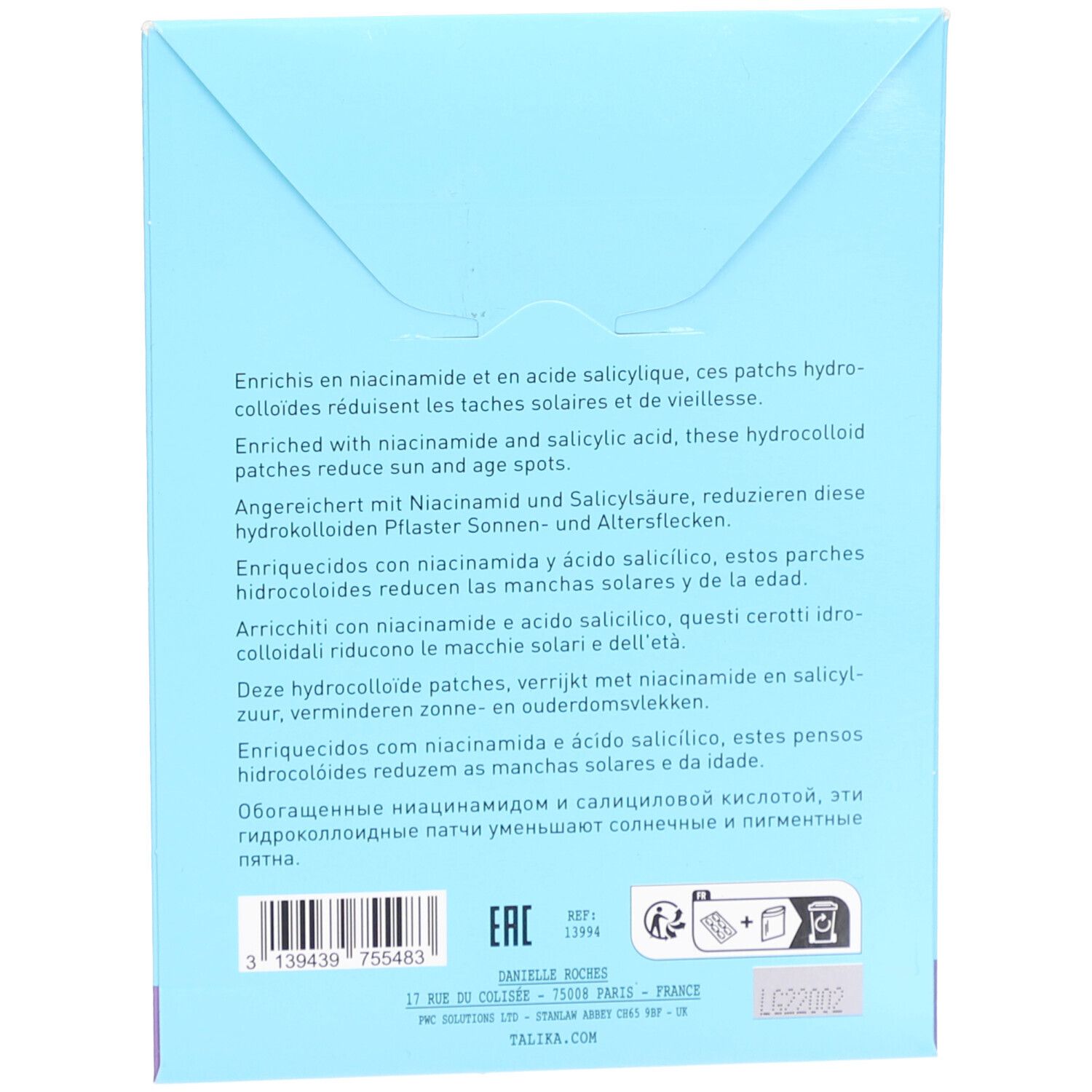Dos de la boîte avec informations produit. Texte : Enrichis en niacinamide et acide salicylique, réduisent les taches solaires et de vieillesse.