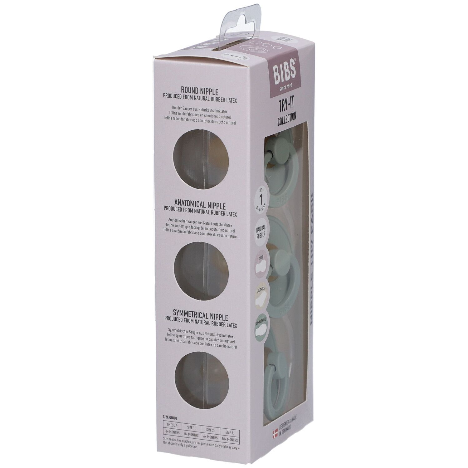 Verpackung mit drei Schnullern. Seitenansicht. Marke BIBS. Text: Try-it Collection, verschiedene Formen.