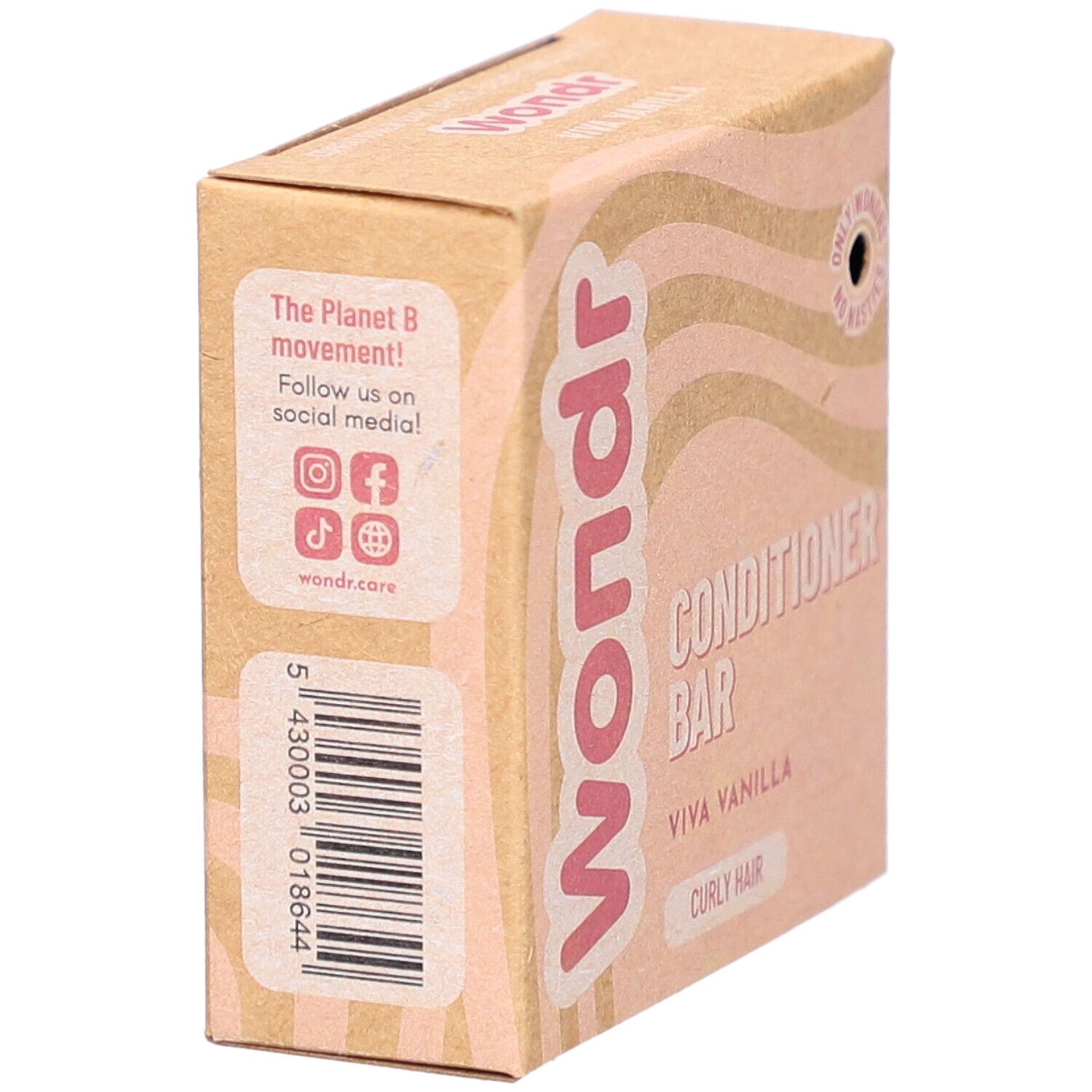 Verpackung für eine Conditioner-Bar mit dem Aufdruck 'Wondr', 'Viva Vanilla' und 'Curly Hair'.