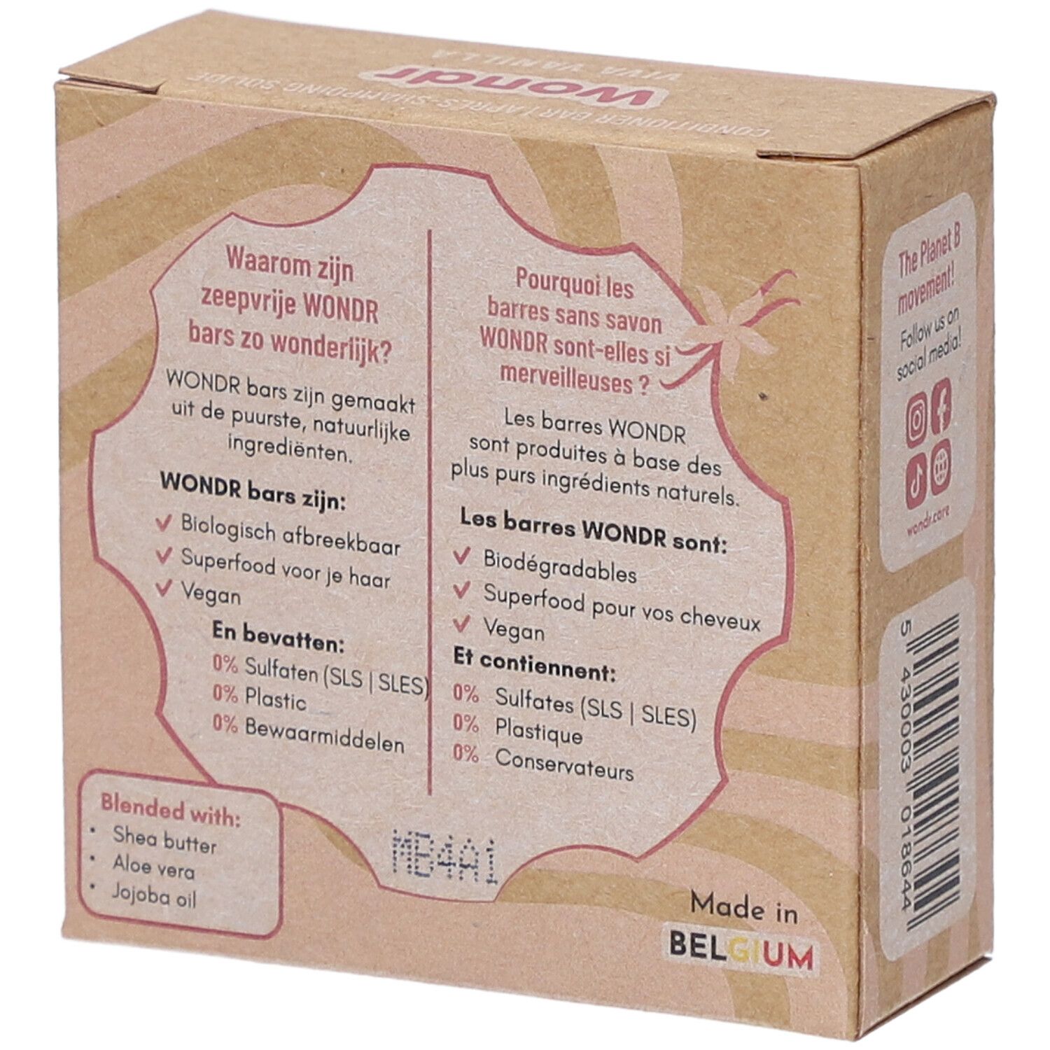Verpackung für WONDR-Seifenriegel mit Informationen zu Inhaltsstoffen und Herstellung.
