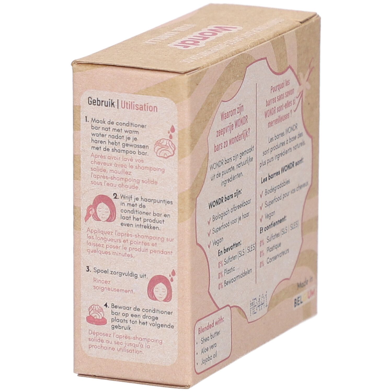 Kartonverpackung für ein festes Conditioner-Produkt mit Anleitungen und Inhaltsstoffen.