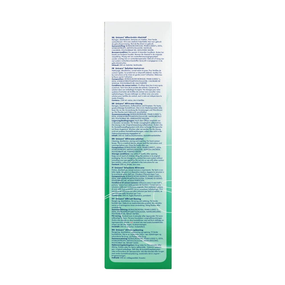 Unicare Alles-in-één vloeistof voor harde, gasdoorlatende contactlenzen. 200 ml.