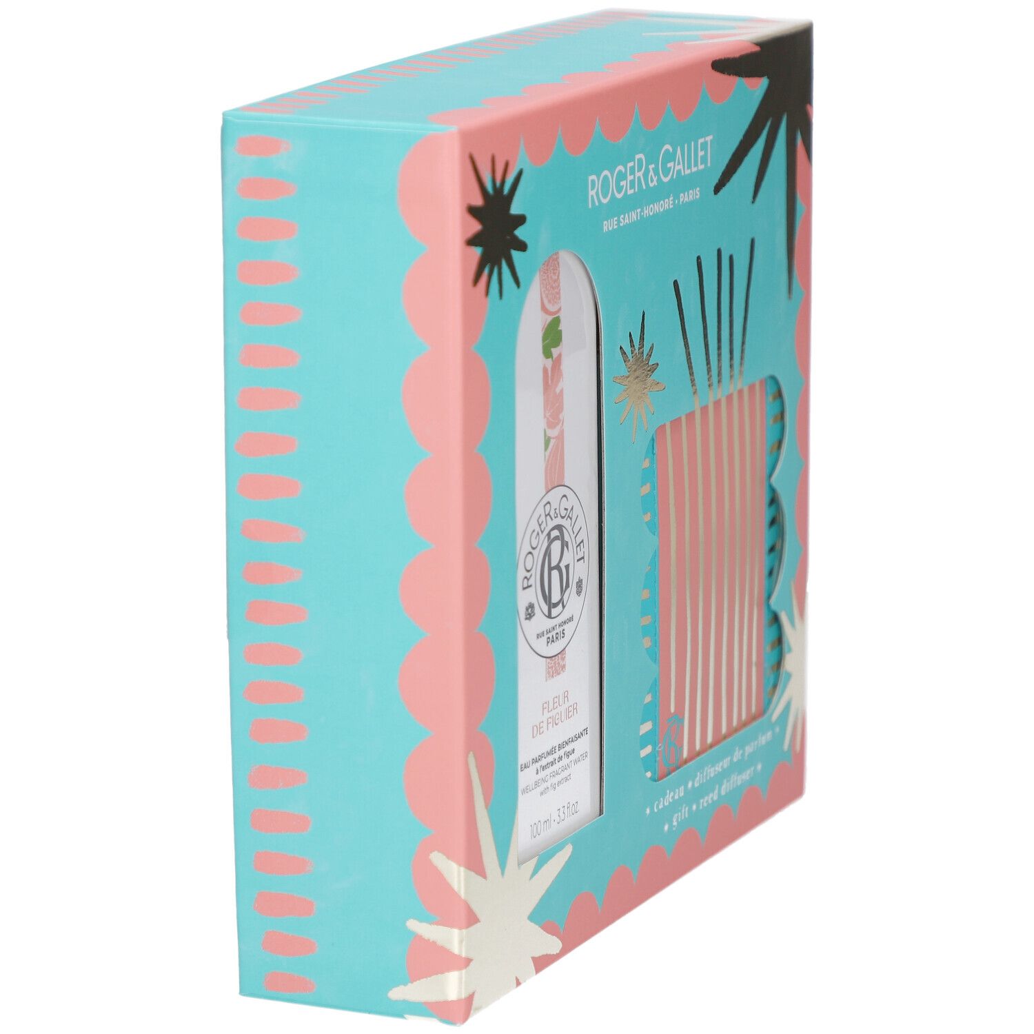 Geschenkset-Verpackung, türkisfarben mit rosa Wellen und Sternen. Enthält eine Flasche und einen Diffusor. Text: Roger & Gallet.