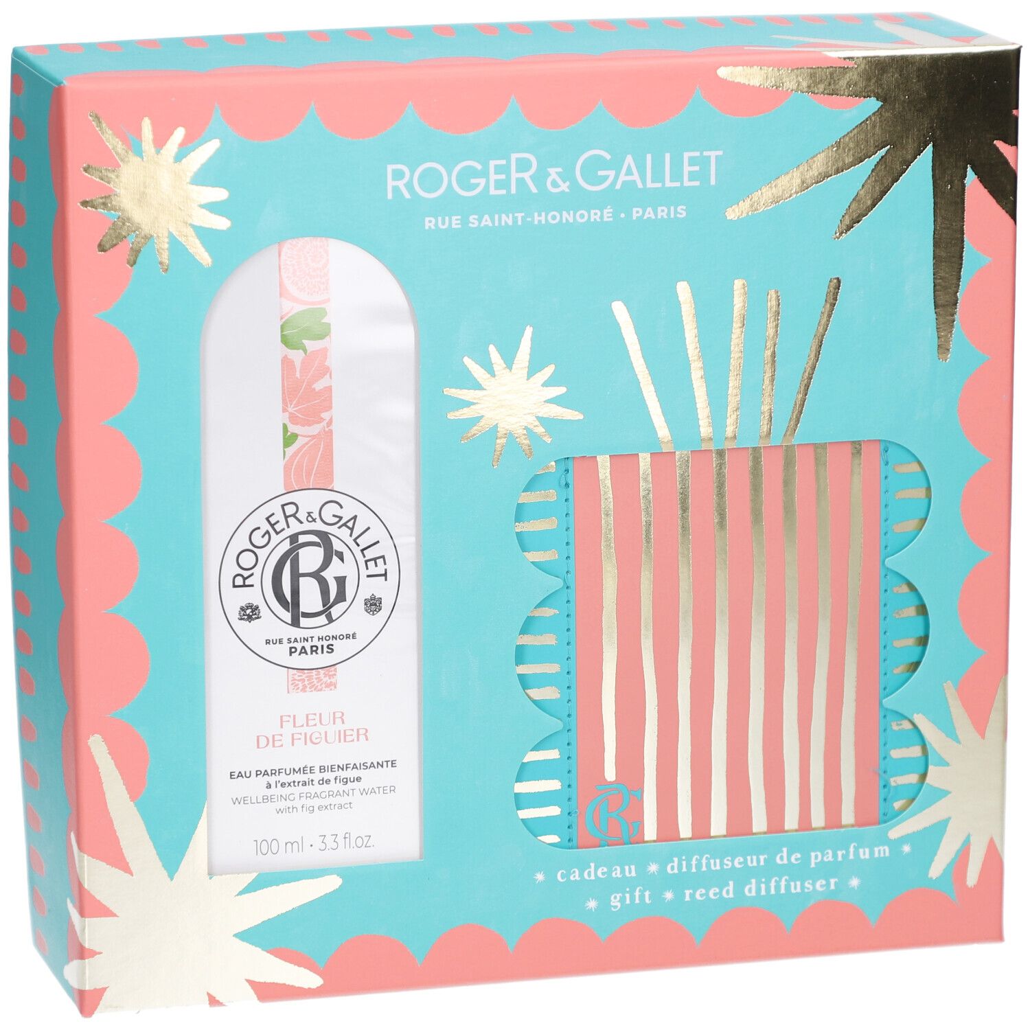 Geschenkset mit Eau Parfumée Bienfaisante, Diffusor und Stäbchen. Türkis-rosa Verpackung mit Sternen. Text: Roger & Gallet.