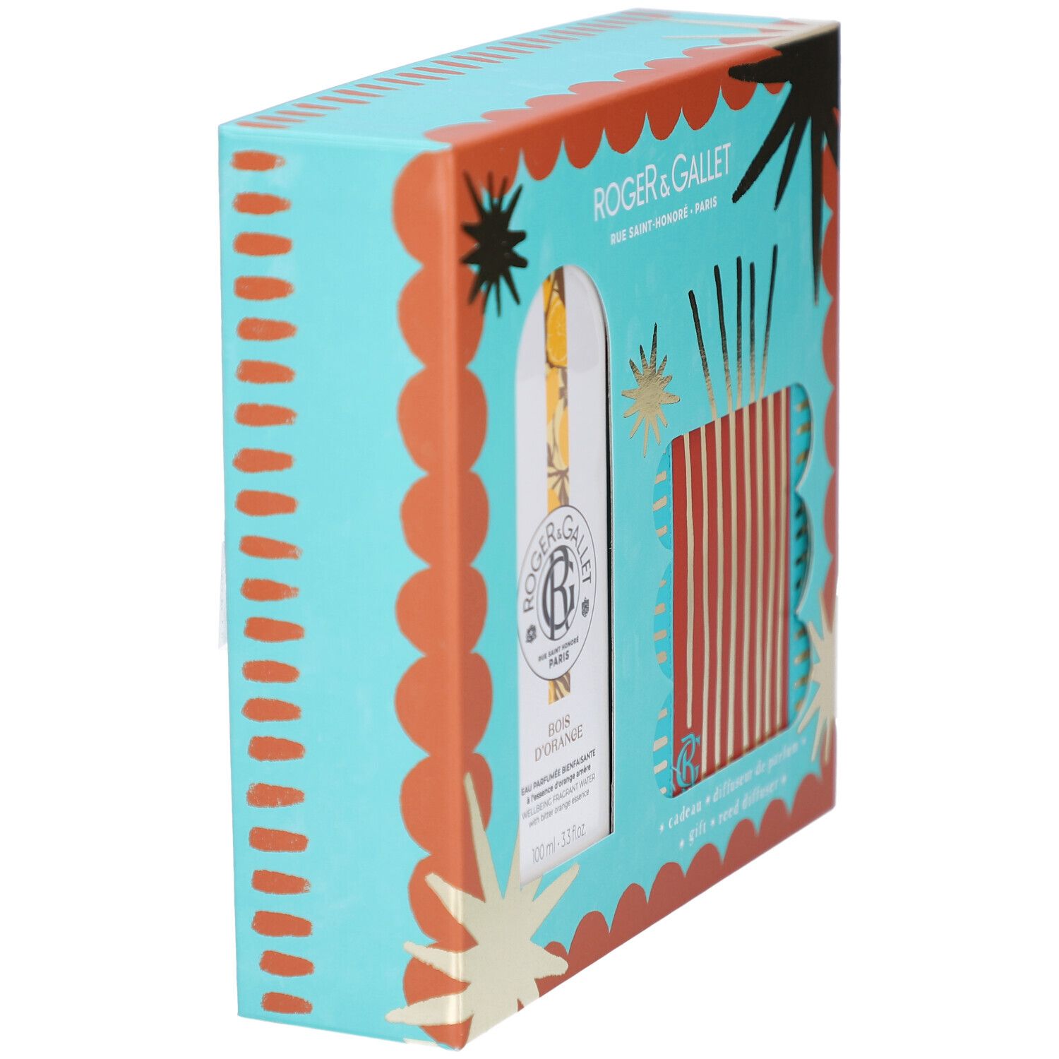 Geschenkset mit Eau Parfumée Bienfaisante Bois d'Orange und Diffusor. Seitenansicht der Verpackung.