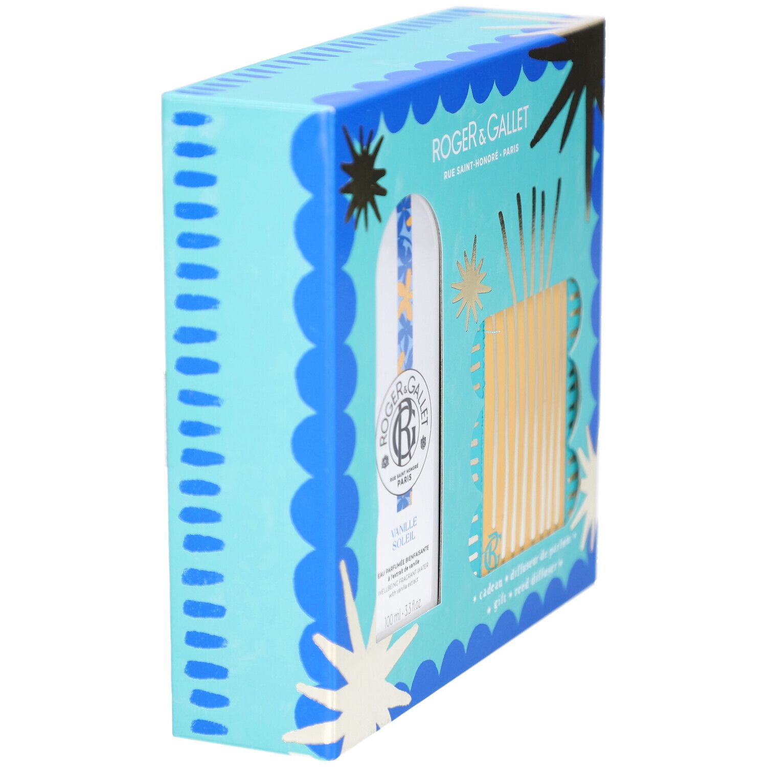 Geschenkset Roger & Gallet. Blaue Schachtel mit Sternen und Wellen. Eau Parfumée und Diffusor. Seitenansicht.