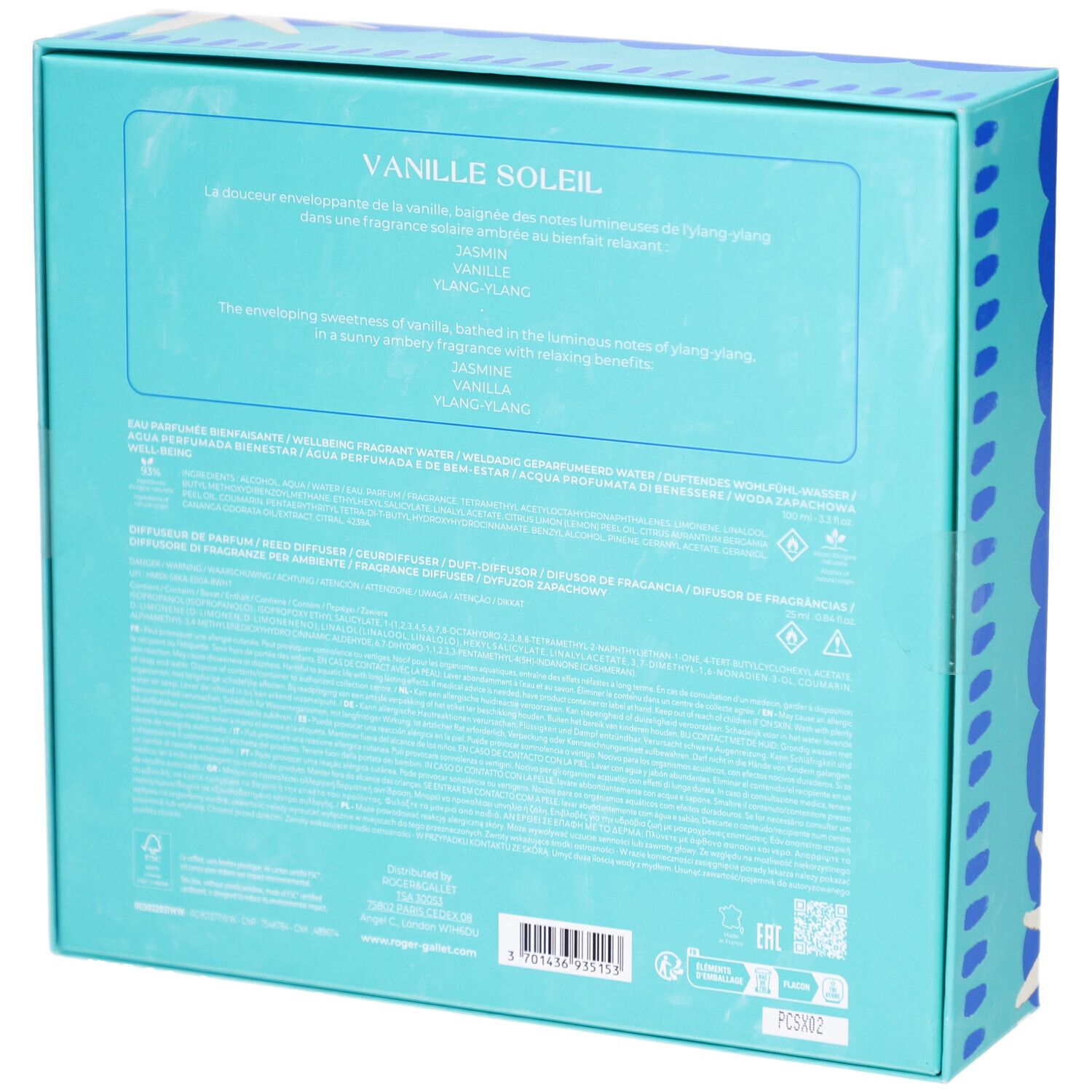 Rückseite der Geschenkbox. Text in mehreren Sprachen. Produktname: Vanille Soleil. Herstellerinformationen und Barcode.