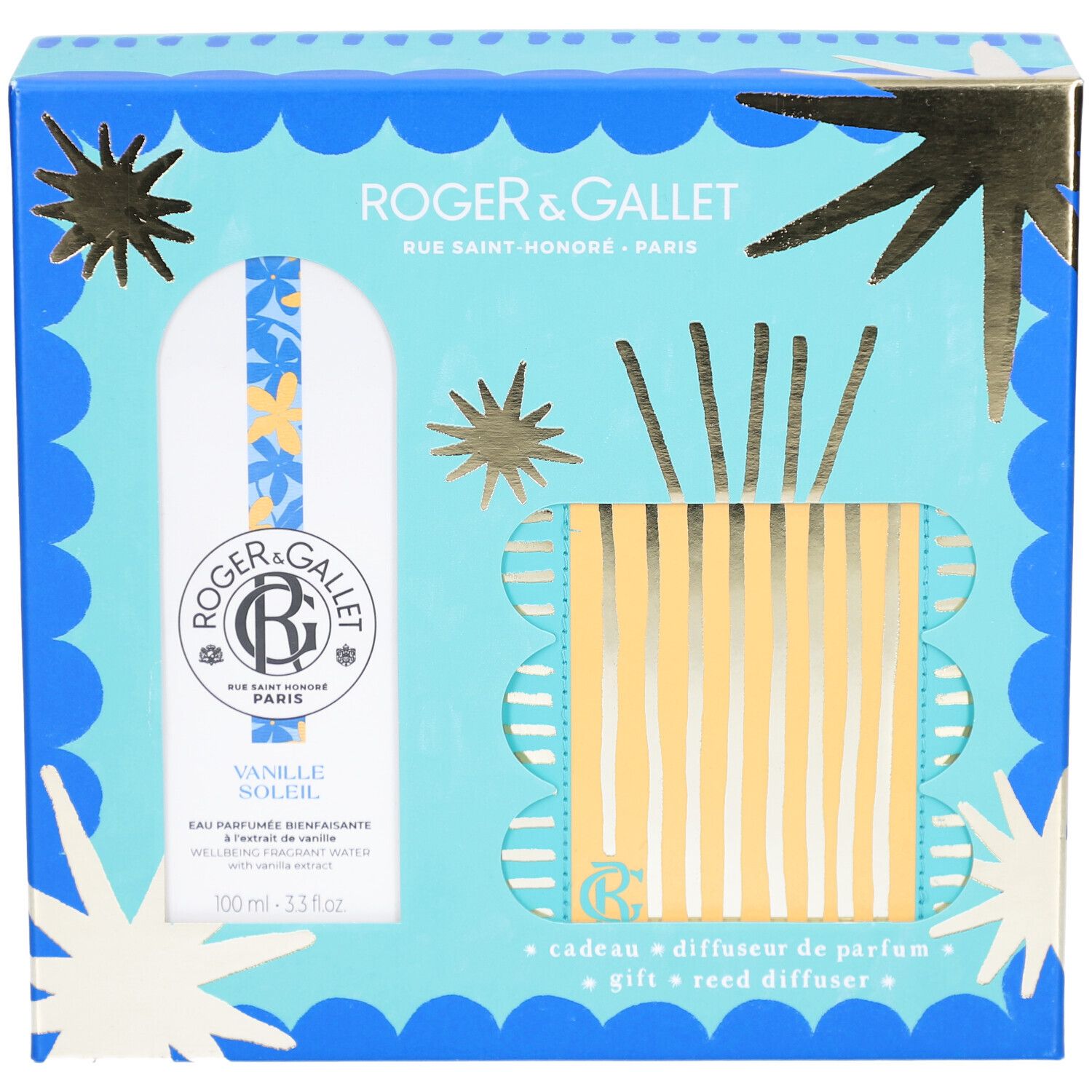 Geschenkset Roger & Gallet. Blaue Schachtel mit Sternen und Wellen. Eau Parfumée und Diffusor. Produktname: Vanille Soleil.