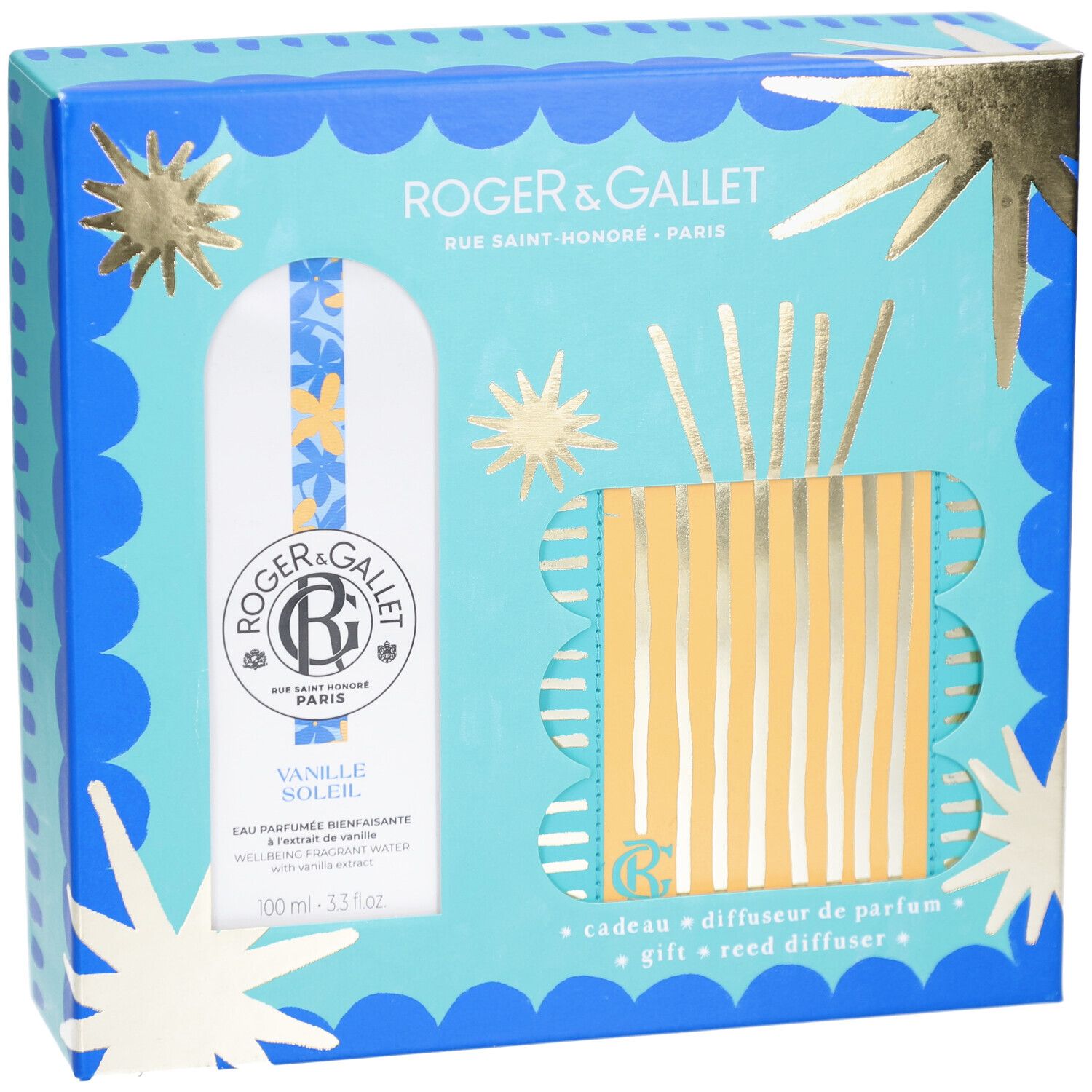 Geschenkset Roger & Gallet. Blaue Schachtel mit Sternen und Wellen. Eau Parfumée und Diffusor. Produktname: Vanille Soleil.