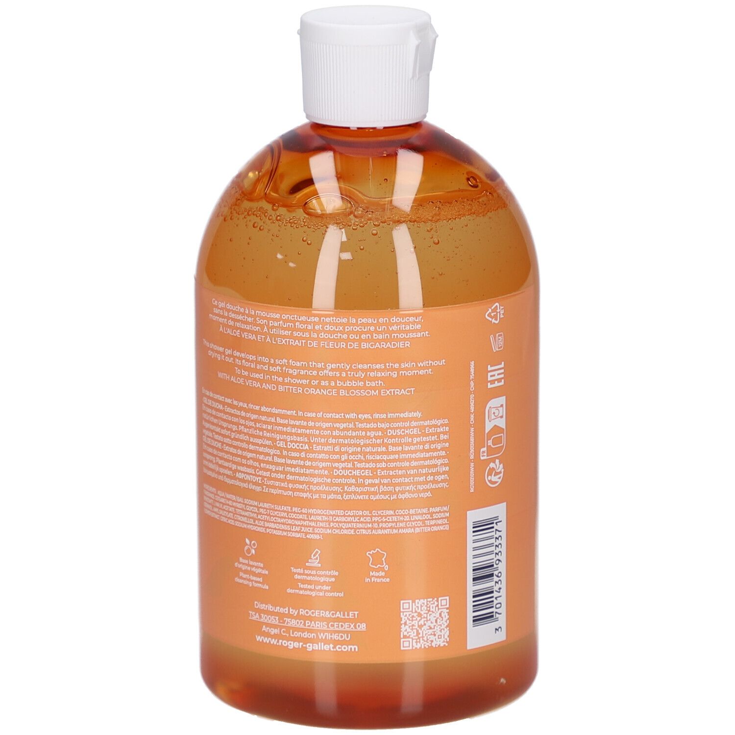 Rückansicht der Gel Douche Bienfaisant Neroli Flasche. Text auf Etikett. Orangefarbenes Gel. Weißer Deckel.
