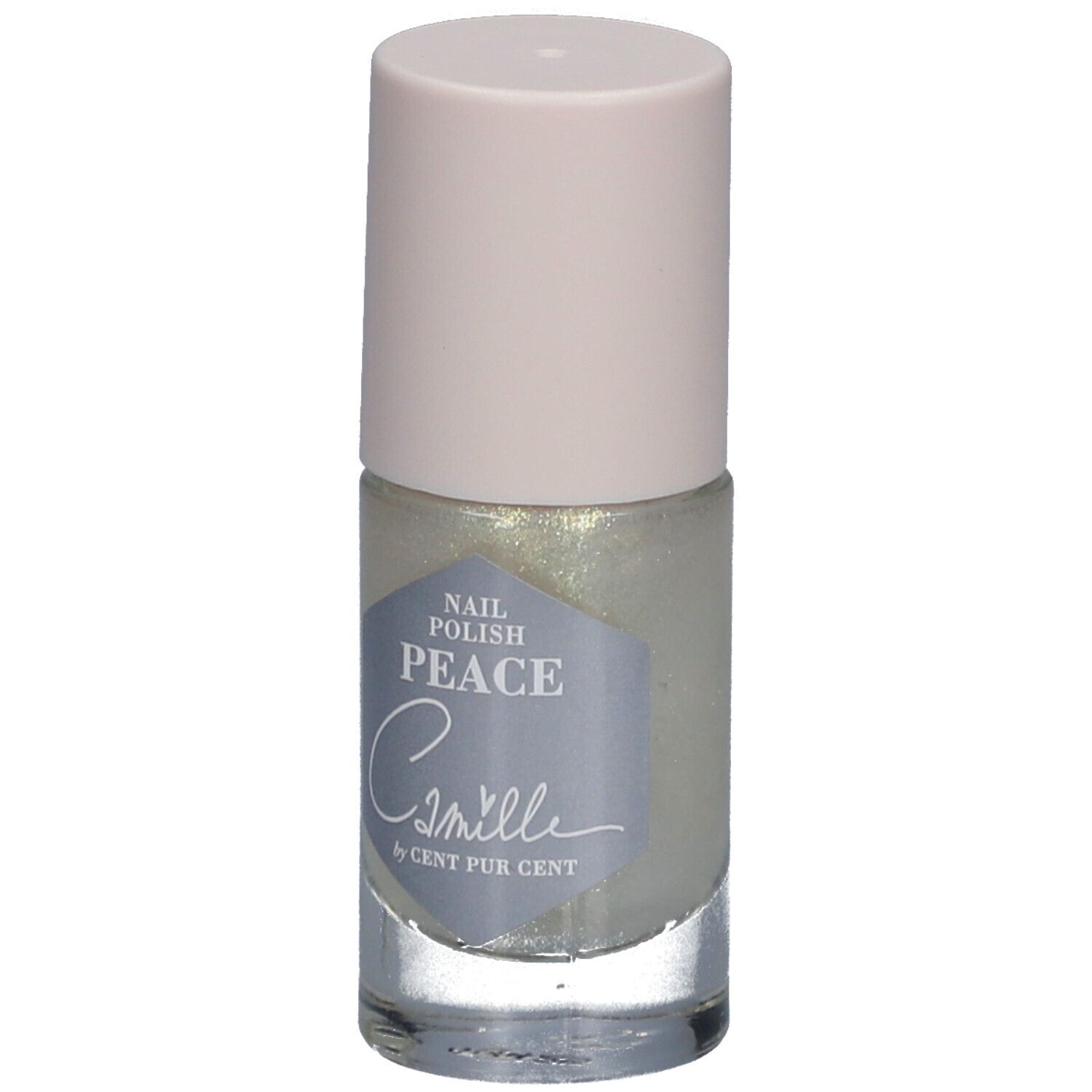 Nagellackflasche mit hellem Inhalt und hellrosa Verschluss. Etikett mit Schriftzug "Peace" und "Camille by Cent Pur Cent".