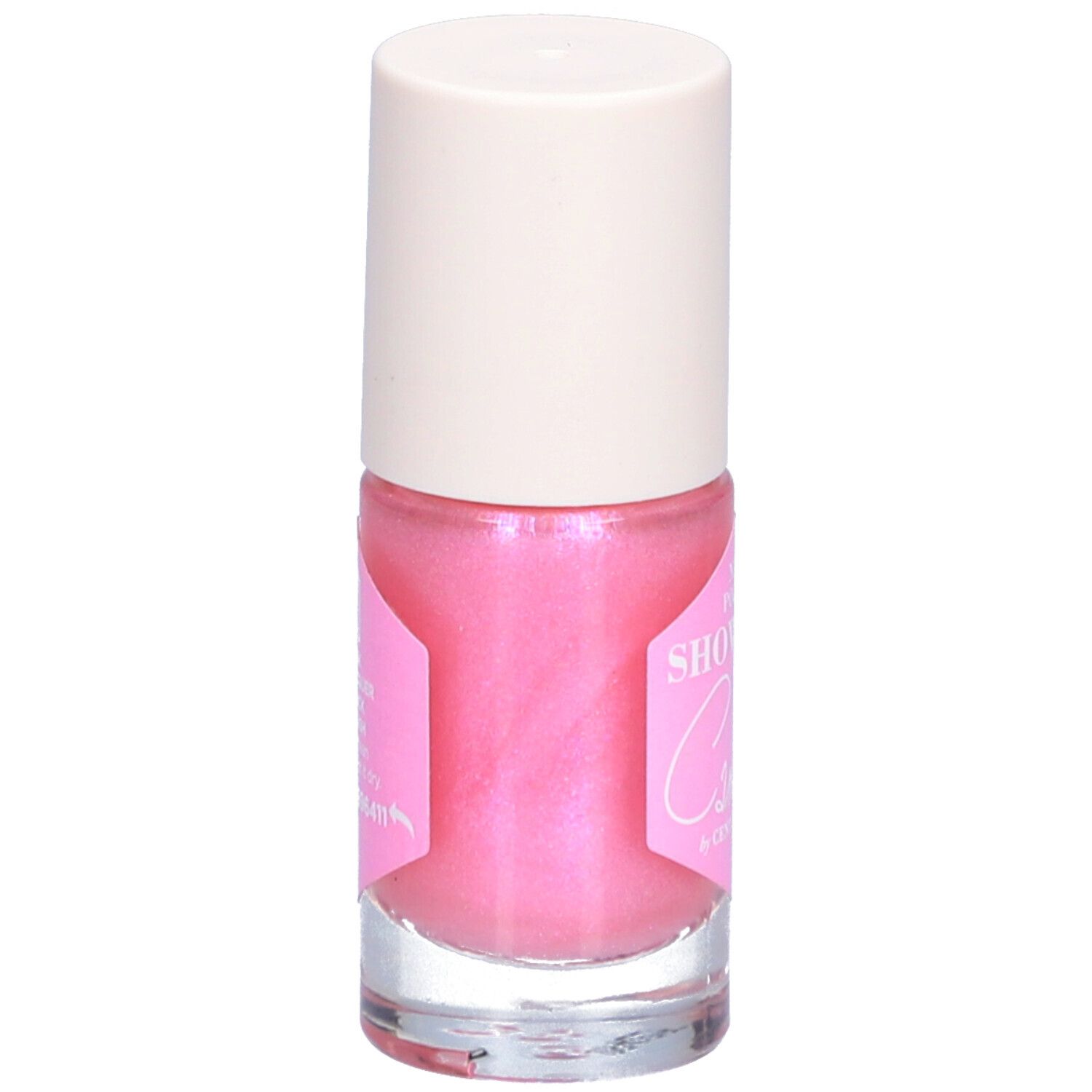 Rosa Nagellackflasche mit weißem Deckel. Etikett mit "SHOWGIRL" und "Camille by Cent Pur Cent".