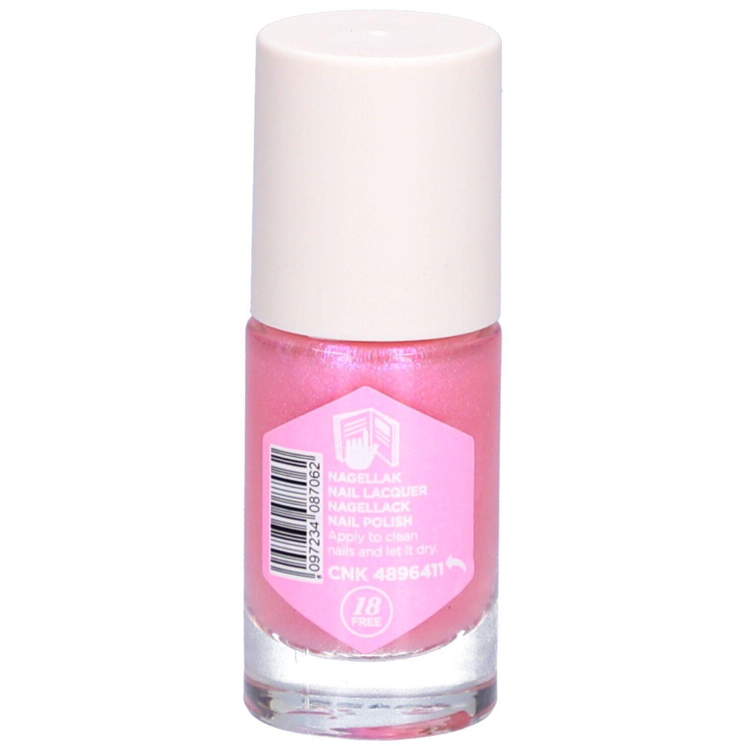 Nagellackflasche mit rosa Inhalt und weißem Deckel. Aufkleber mit Barcode und Text: "Nagellack", "SHOWGIRL".