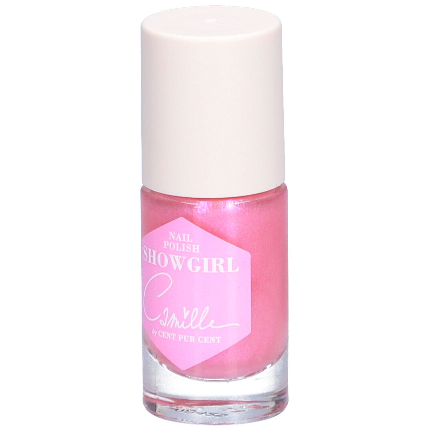 Rosa Nagellackflasche mit weißem Deckel. Aufkleber mit "SHOWGIRL" und "Camille by Cent Pur Cent".