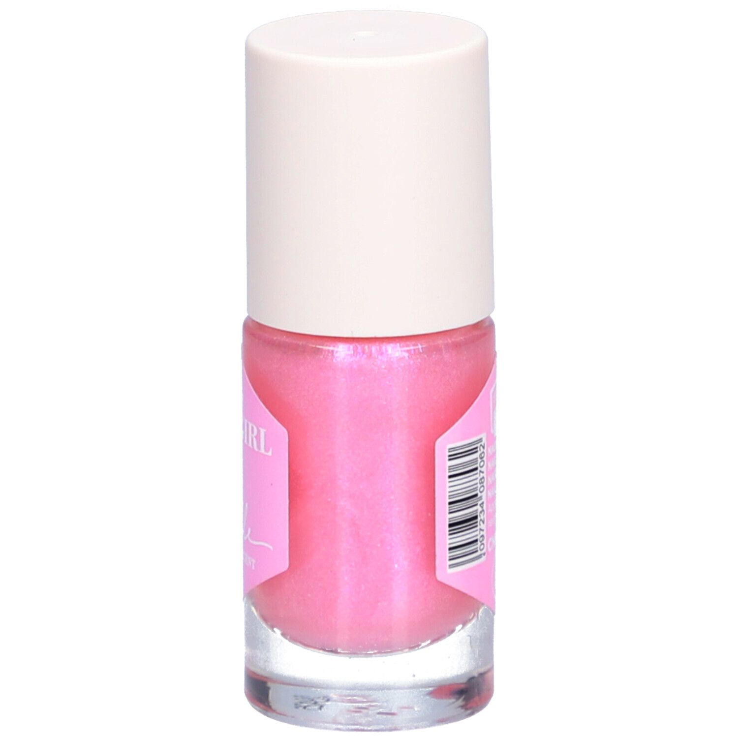 Nagellackflasche mit rosa Inhalt und weißem Deckel. Aufkleber mit Barcode und Text: "Nagellack", "SHOWGIRL".