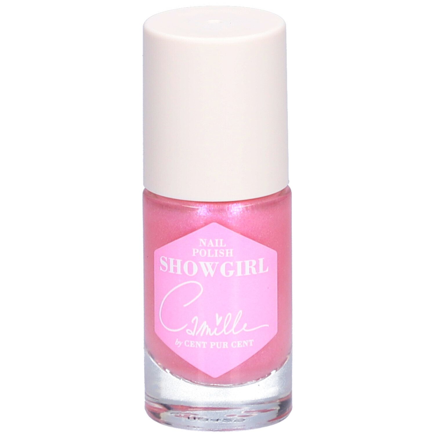Rosa Nagellackflasche mit weißem Deckel. Aufkleber mit "SHOWGIRL" und "Camille by Cent Pur Cent".