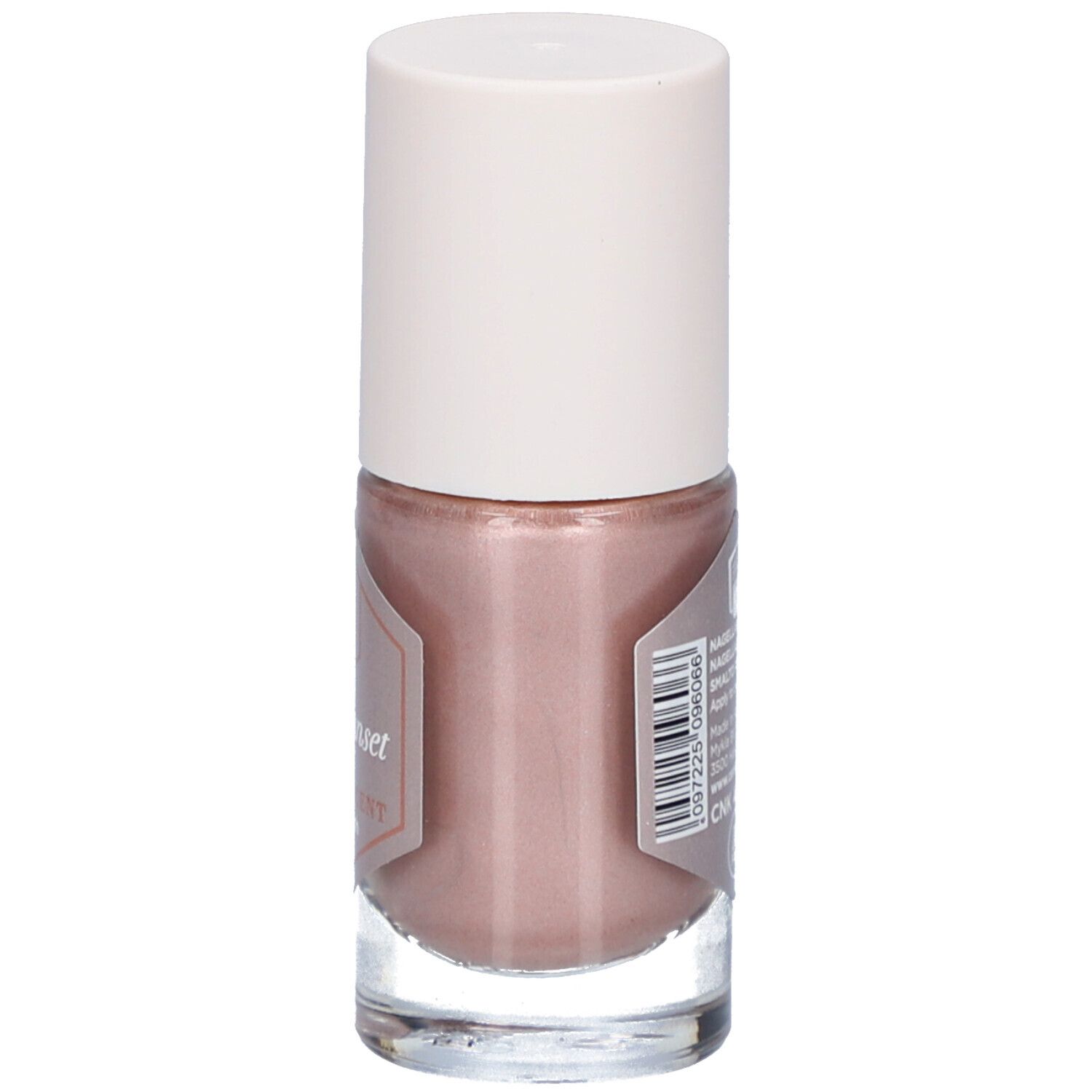 Nagellackflasche mit rosabrauner Farbe und weißem Deckel. Aufschrift: Taupe sunset, Cent Pur Cent nail polish.