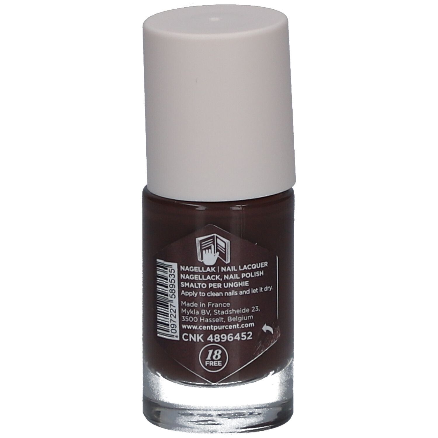 Nagellackflasche mit braunem Lack und weißem Deckel. Rückseite mit Text und Barcode.