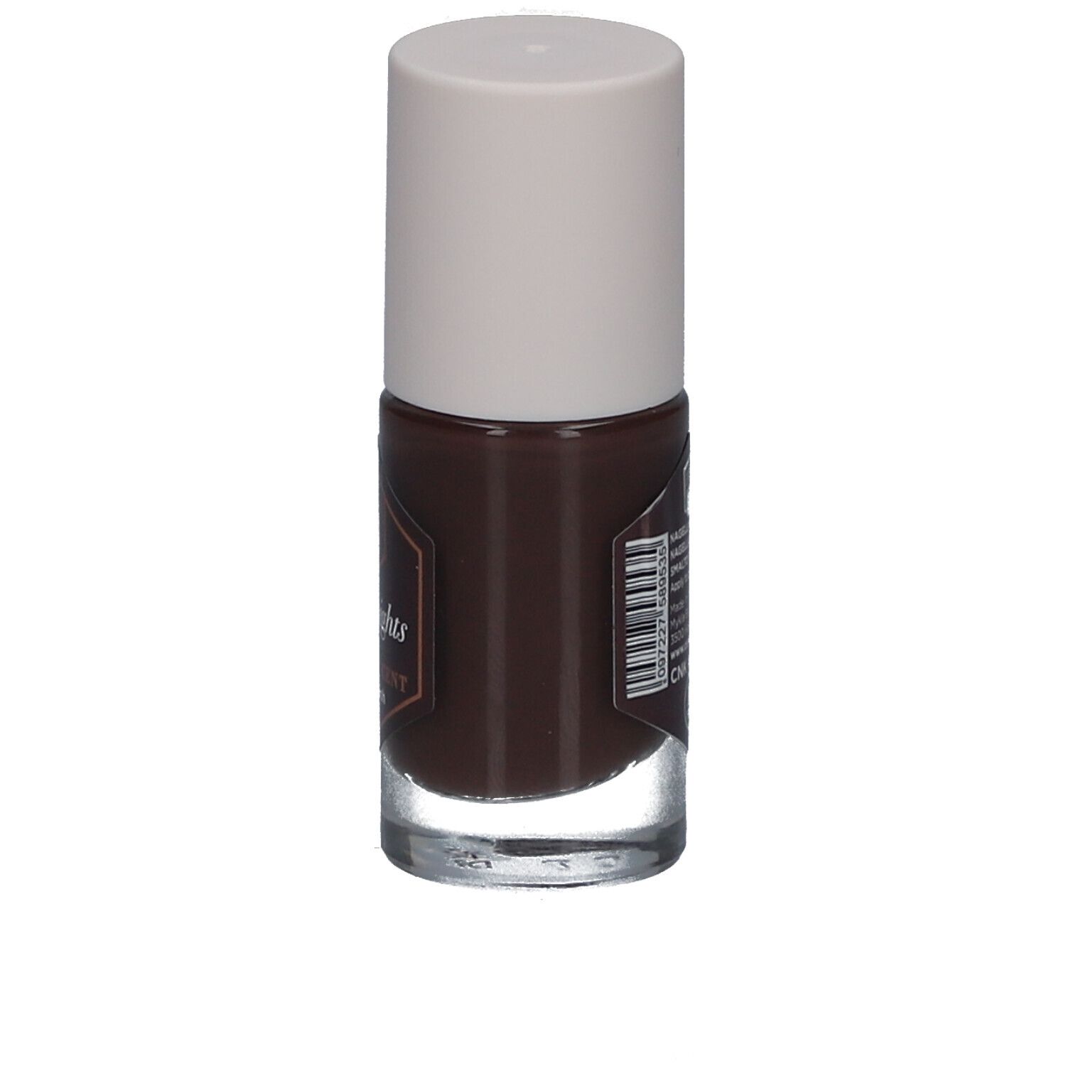 Nagellackflasche mit braunem Lack und weißem Deckel. Rückseite mit Text.