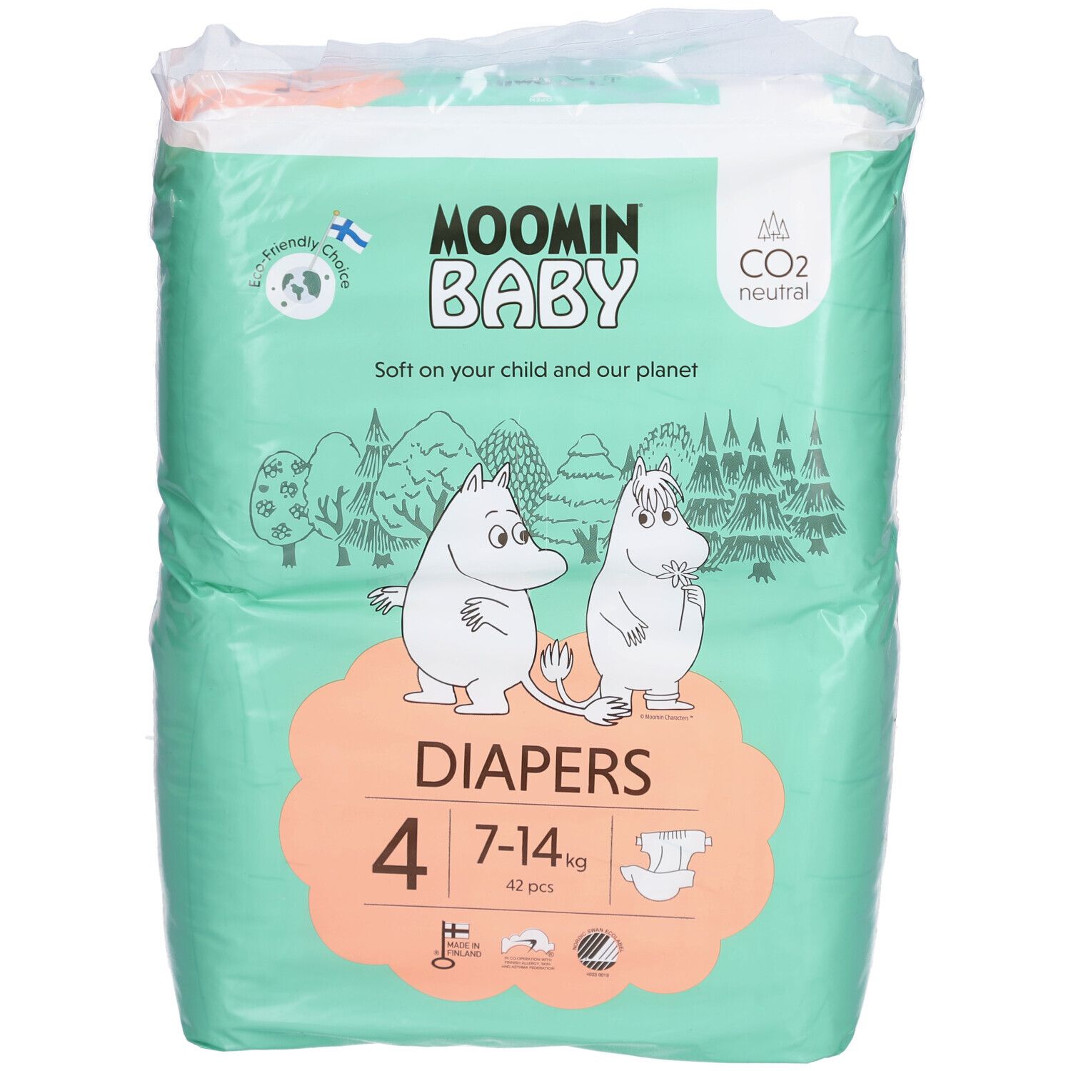 Moomin Baby Windelverpackung, Größe 4 (7-14 kg). Grün-weiß, mit Mumin-Figuren und Produktinformationen.