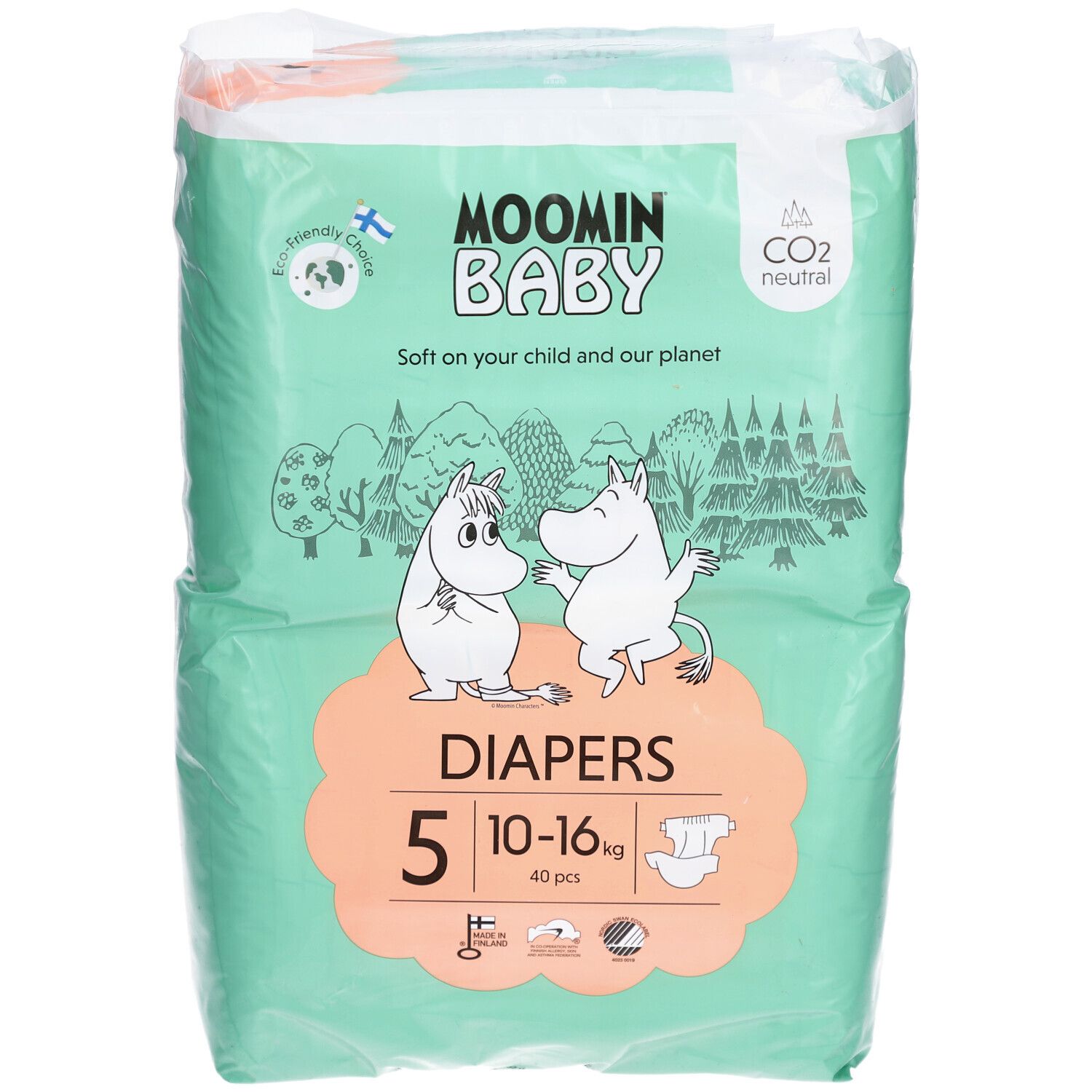 Verpackung Moomin Baby Windeln, Größe 5 (10-16 kg). Grün mit Mumin-Illustrationen. Enthält 40 Stück. CO2-neutral.