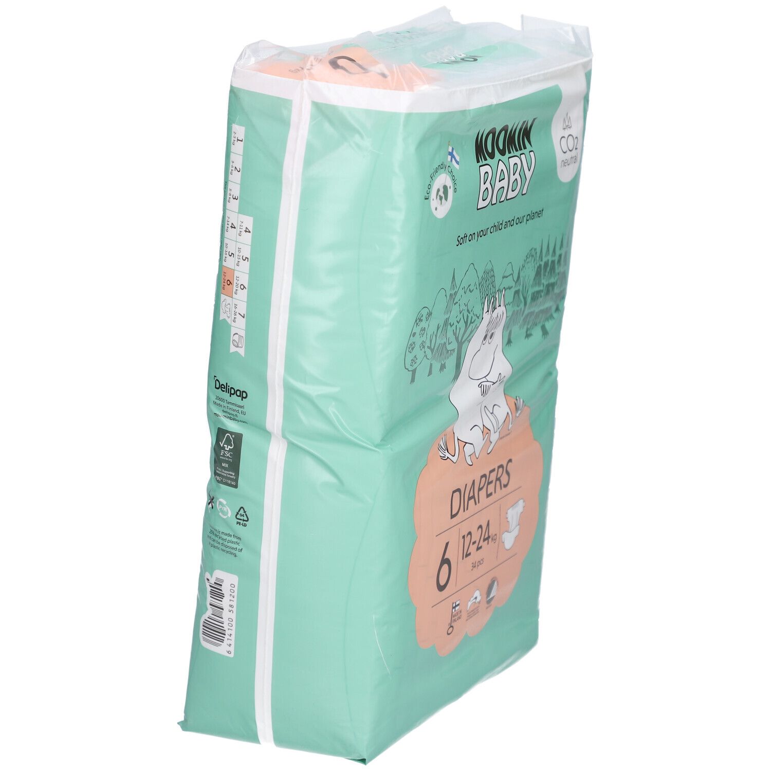 Verpackung Moomin Baby Windeln, Größe 6, 12-24 kg. Grün-weiß, mit Mumin-Illustration. Seitenansicht.