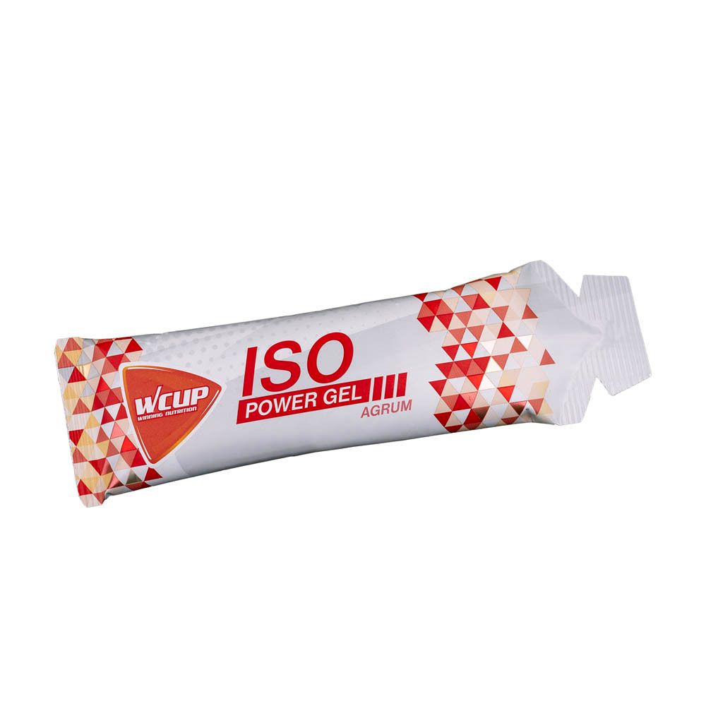 Sachet de gel en biais. Blanc avec motif rouge et inscription : WCUP, ISO POWER GEL Agrume.