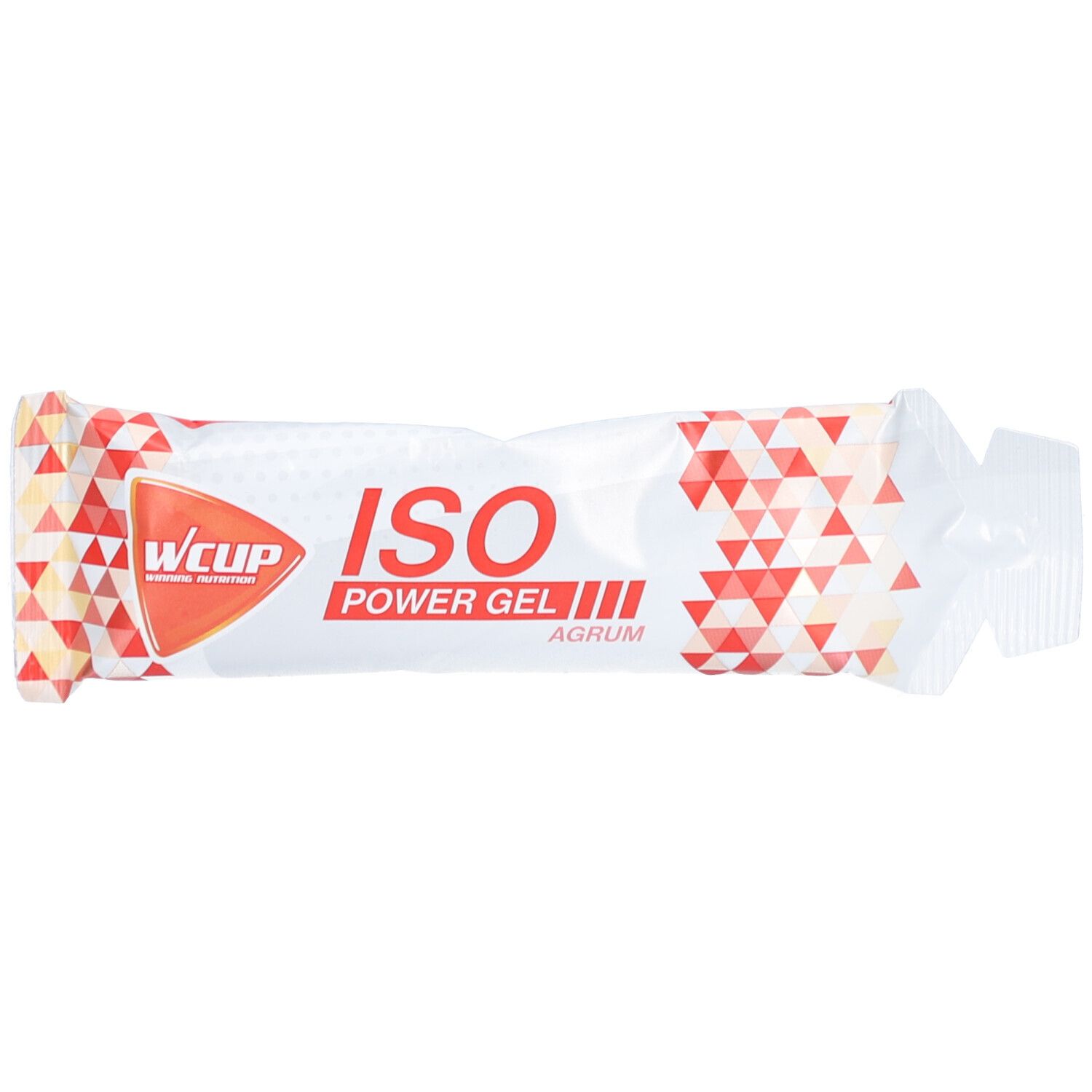Sachet de gel blanc et rouge. Inscription : WCUP, ISO POWER GEL Agrume.