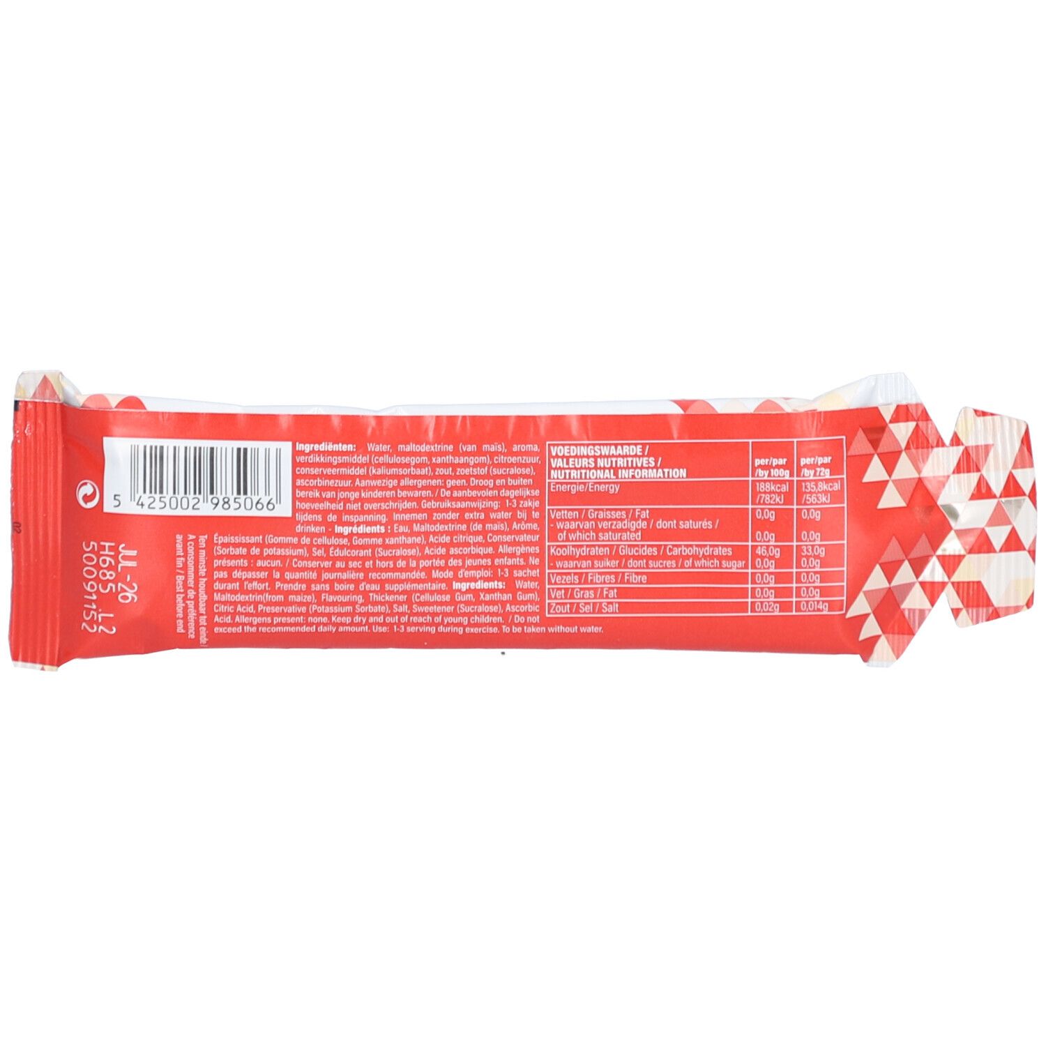 Dos du gel. Fond rouge avec détails blancs. Texte avec informations nutritionnelles et ingrédients.