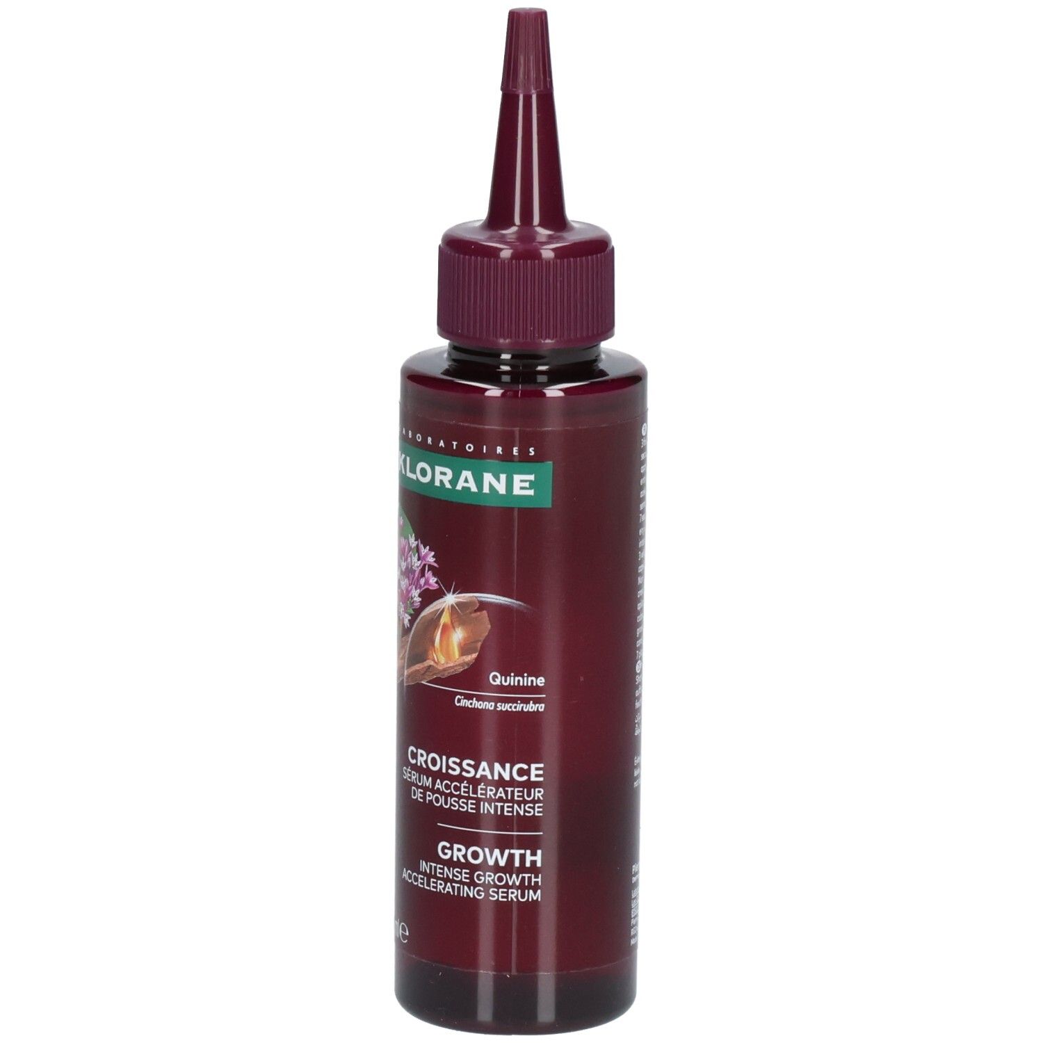 Flasche mit Serum. Dunkelrot, mit Applikator. Text: Klorane, Croissance, Growth. Mit Quinine.