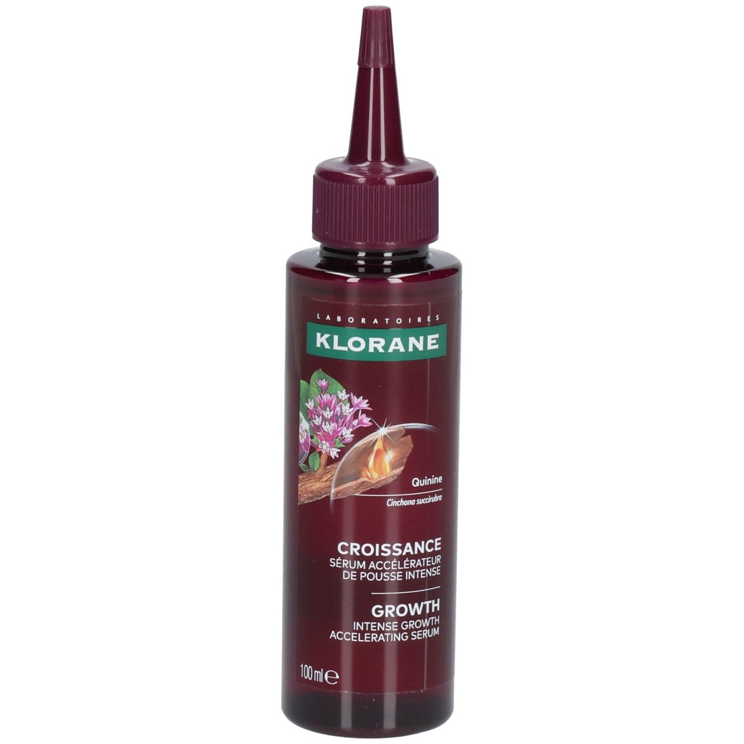Flasche mit Serum. Dunkelrot, mit Applikator. Text: Klorane, Croissance, Growth. Mit Quinine.