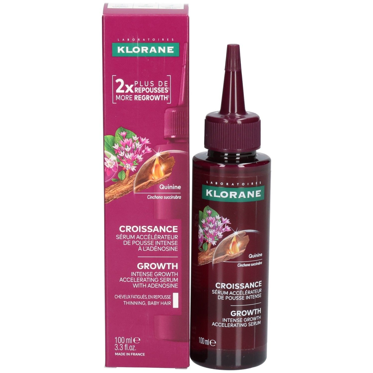 Produktverpackung und Flasche. Verpackung: rot, Text. Flasche: dunkelrot, mit Applikator. Text: Klorane, Growth.