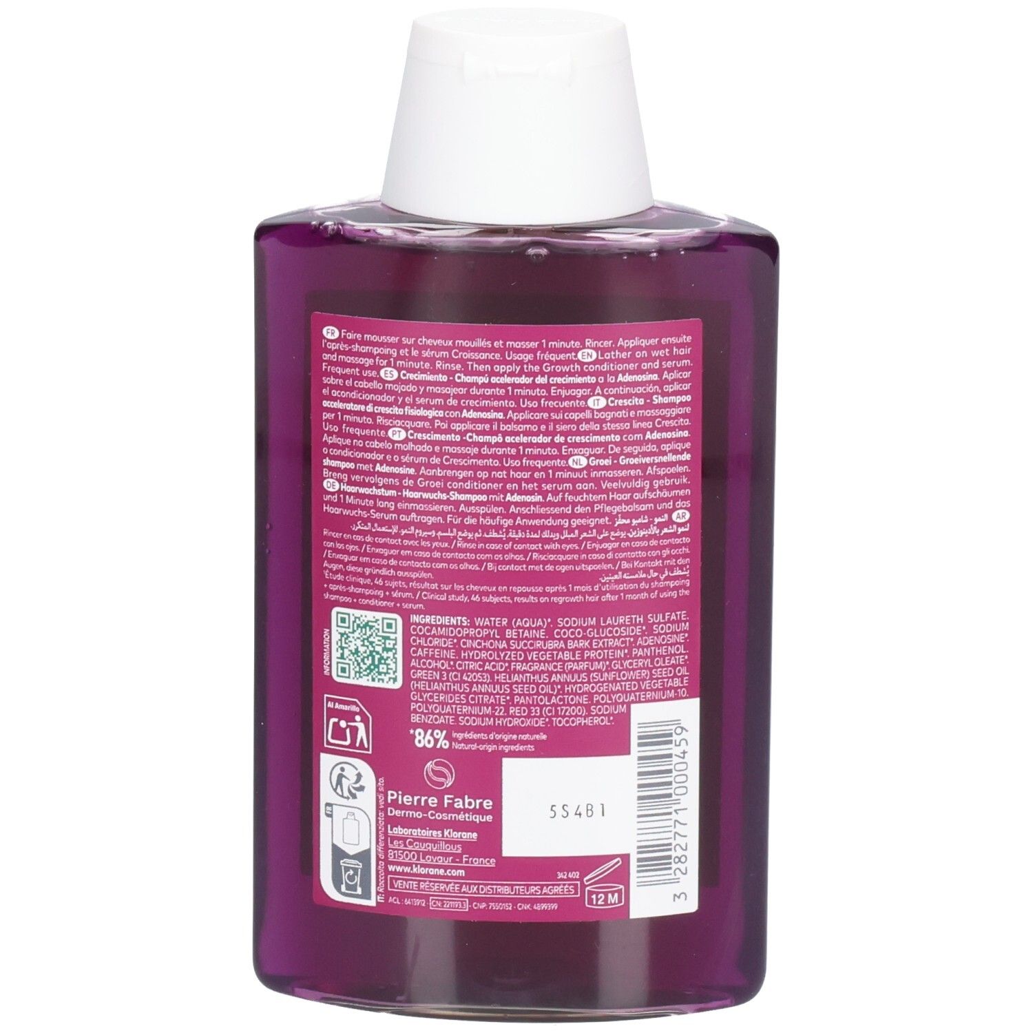 Flasche mit lila Haarshampoo. Rückseite mit Inhaltsstoffen und Anwendungshinweisen.