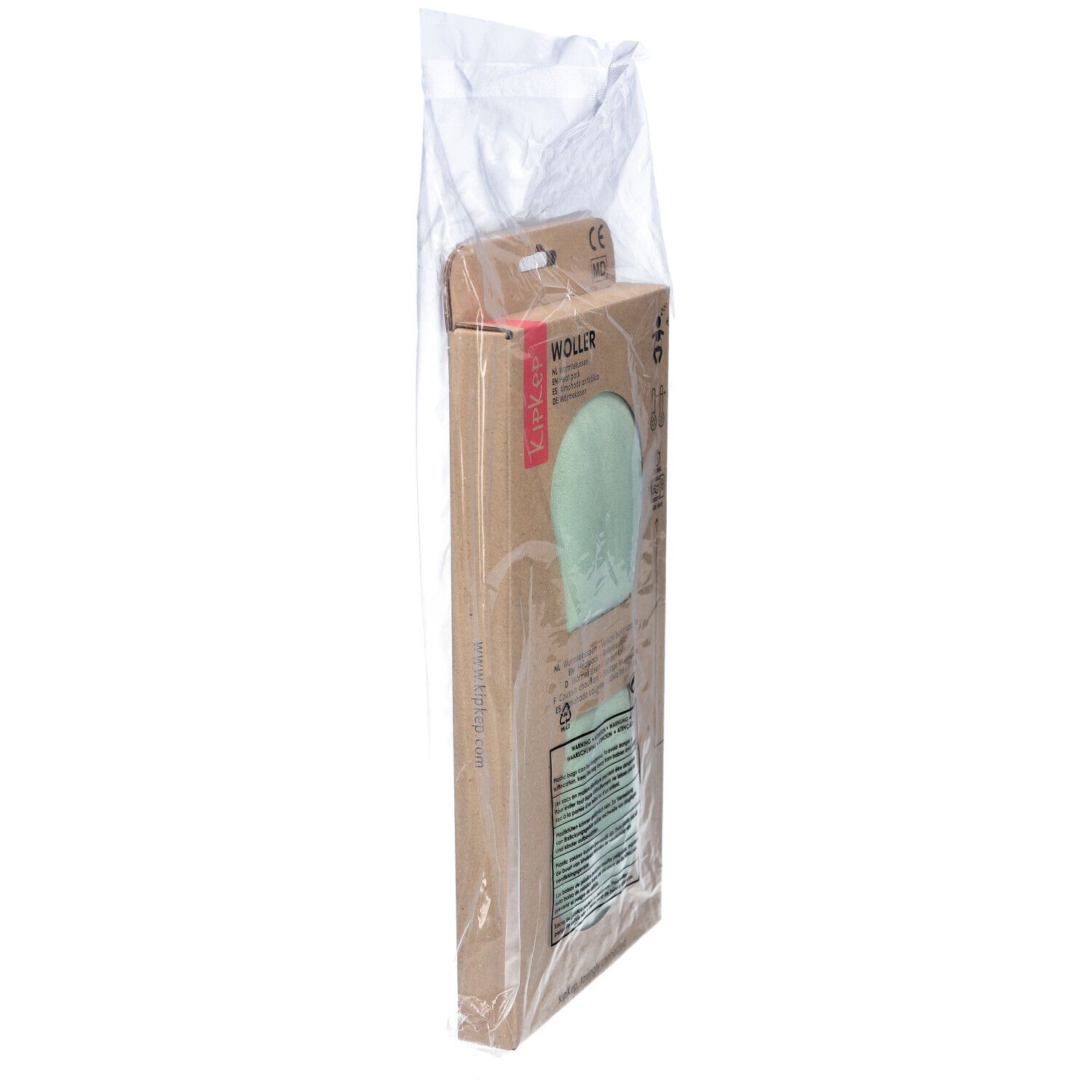 Kipkep Coussin Chauffante Klassisch Blassgrün in Verpackung. Seitenansicht des Wärmekissens in Kartonverpackung, in Plastikbeutel.