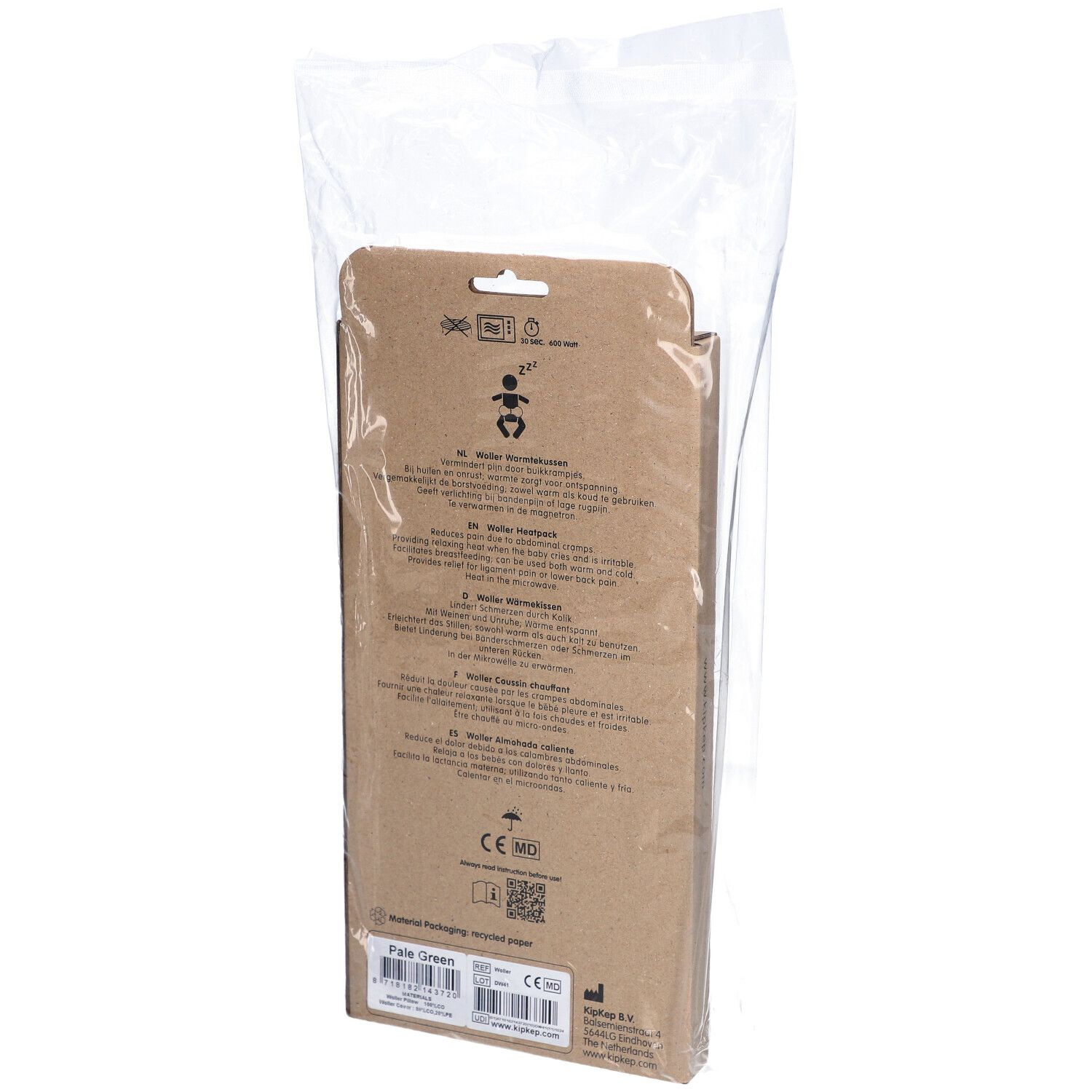 Rückseite der Verpackung des Kipkep Coussin Chauffante Klassisch Blassgrün. Informationen und Symbole auf Kartonverpackung.
