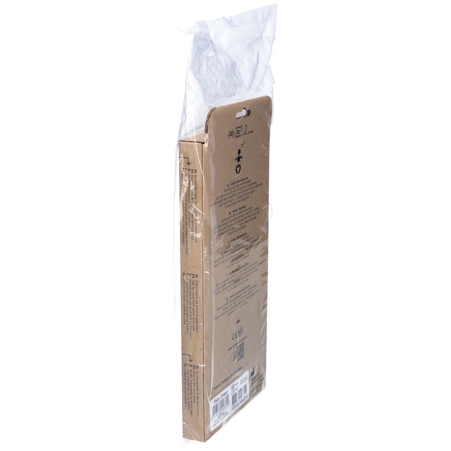 Kipkep Coussin Chauffante Klassisch Blassgrün Verpackung. Seitenansicht der Kartonverpackung mit Informationen.