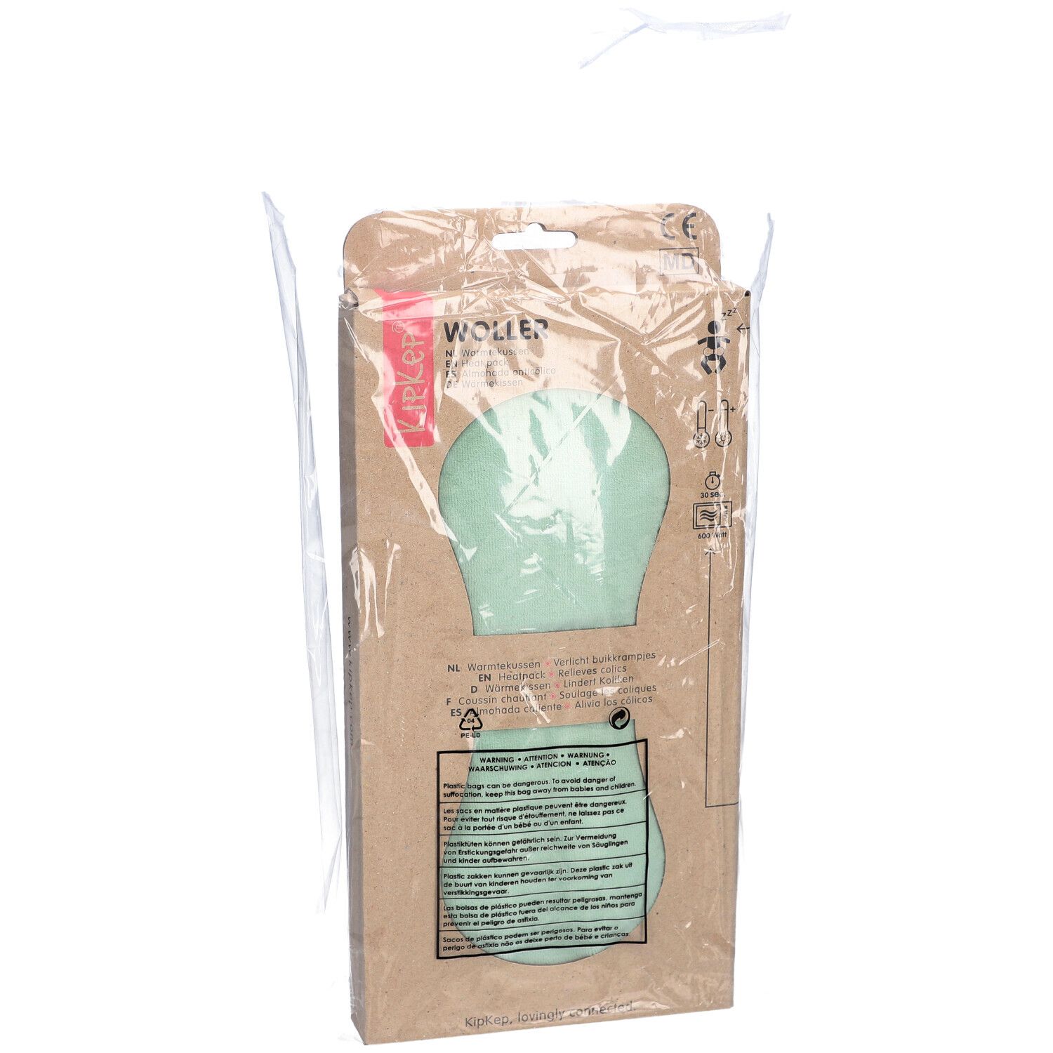 Kipkep Coussin Chauffante Klassisch Blassgrün in Verpackung. Vorderansicht des Wärmekissens in Kartonverpackung.