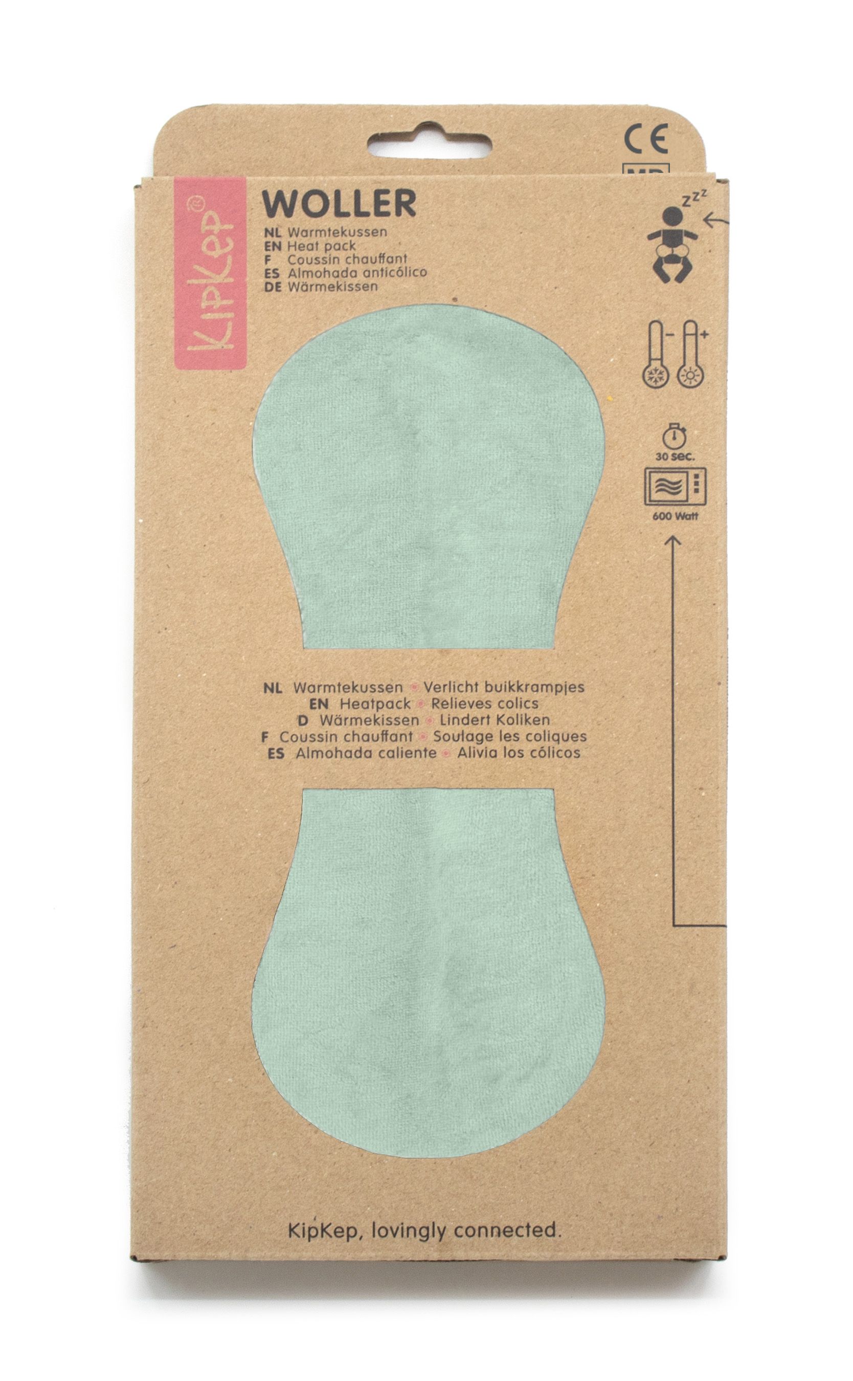 Kipkep Coussin Chauffante Klassisch Blassgrün. Face avant de l'emballage en carton avec image et texte du produit.