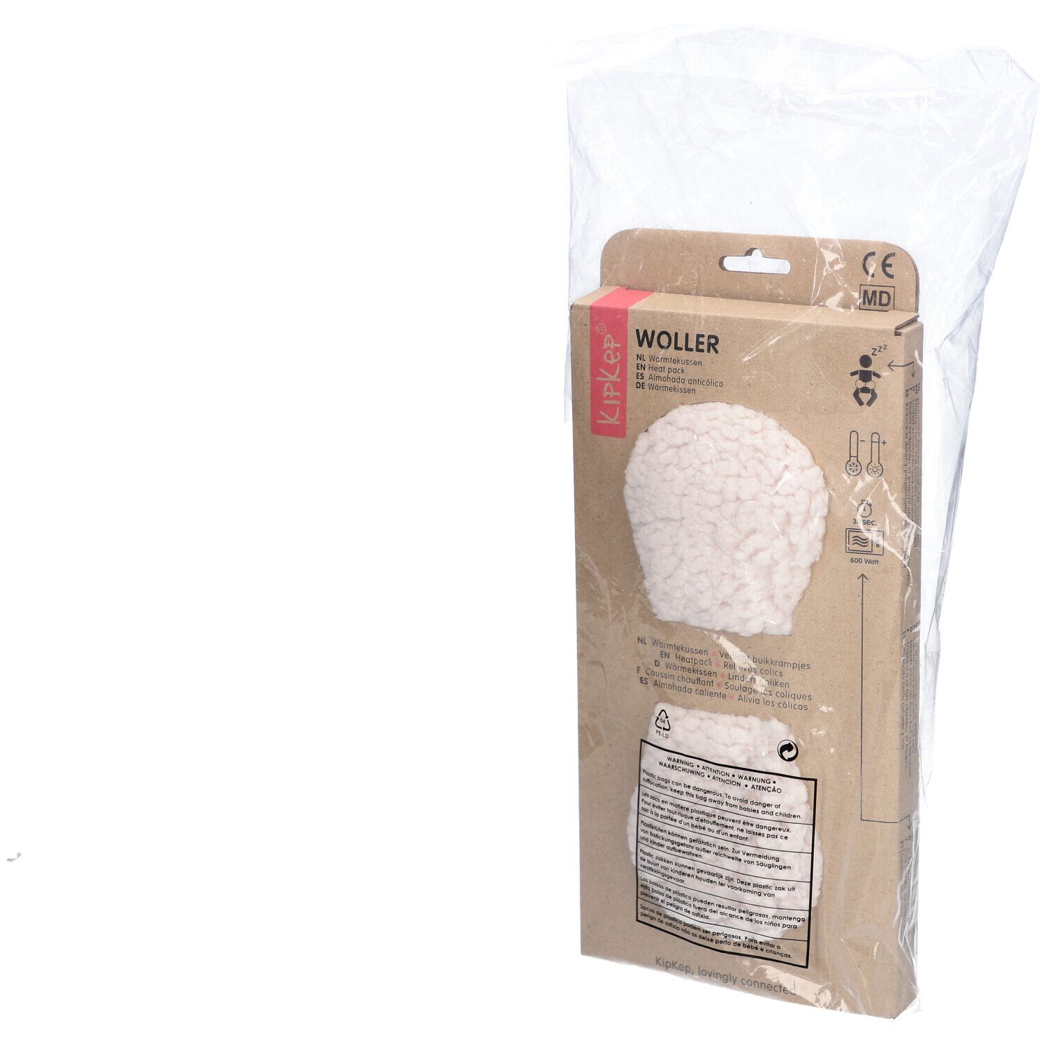 Verpackung mit KIPKEP Heizkissen. Braune Kartonverpackung mit Produktabbildung und Text. In transparenter Folie.