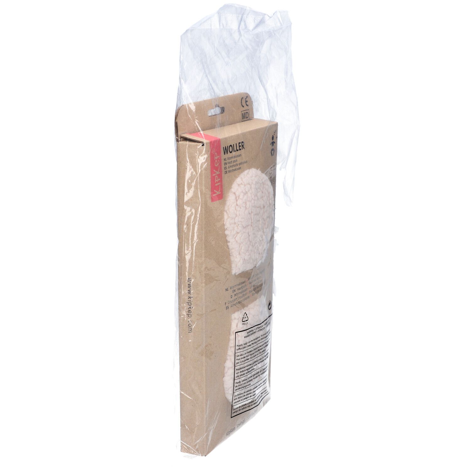 KIPKEP Heizkissen in Verpackung. Braune Kartonverpackung mit Produktabbildung und Text. In transparenter Folie.