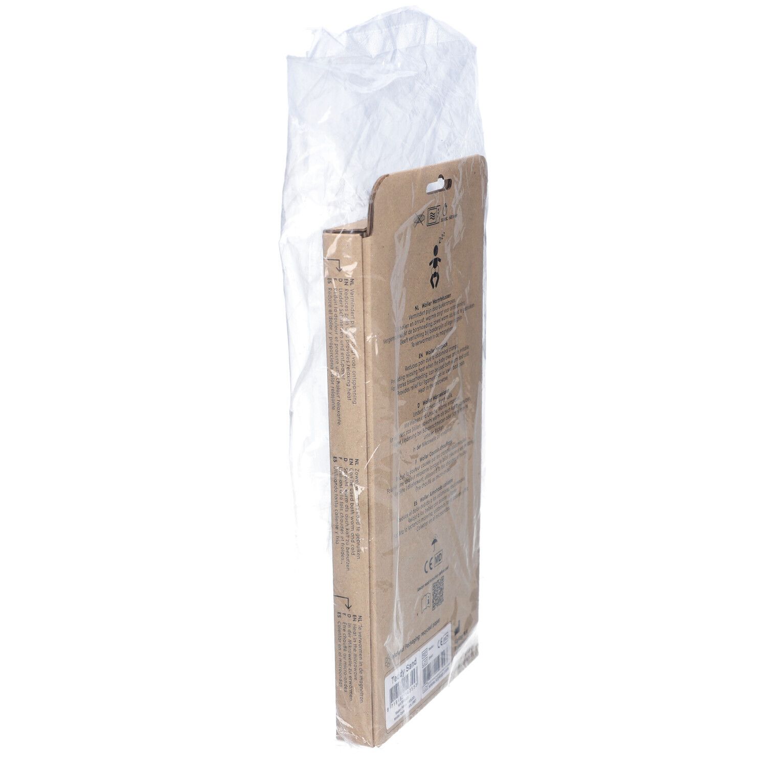 KIPKEP Heizkissen Verpackung. Brauner Karton mit Text und Symbolen. In transparenter Folie.