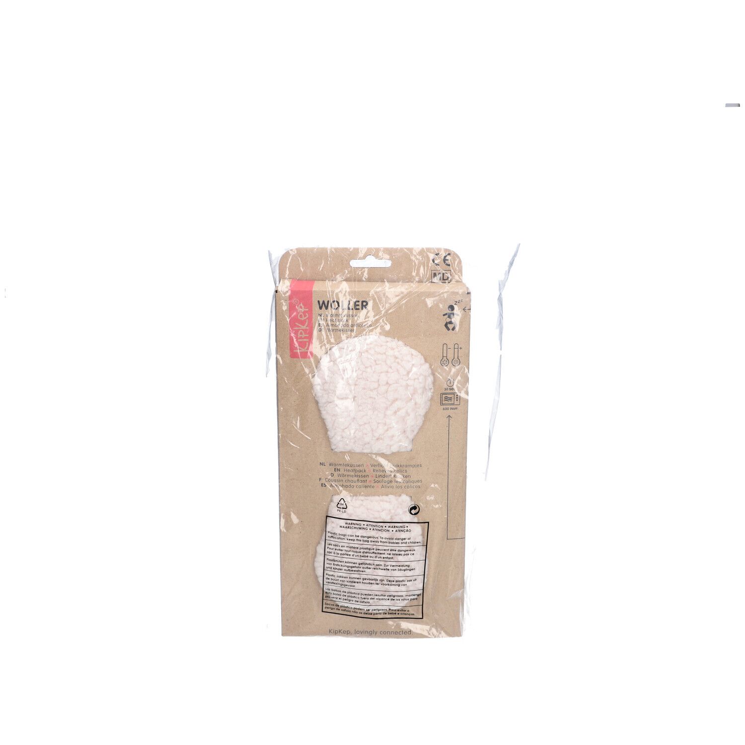 KIPKEP Heizkissen in Verpackung. Braune Kartonverpackung mit Produktabbildung und Text. In transparenter Folie.