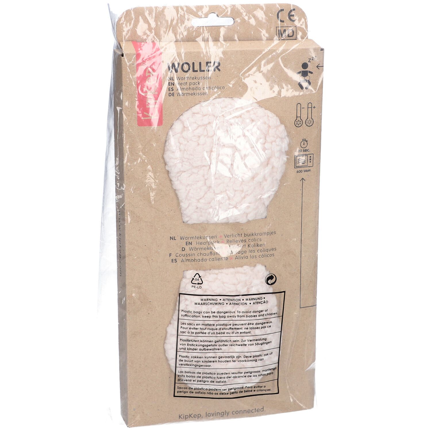 KIPKEP Heizkissen in Verpackung. Braune Kartonverpackung mit Produktabbildung und Text. In transparenter Folie.