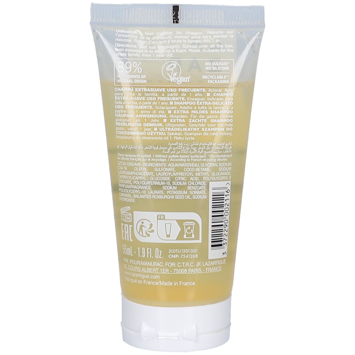 Rückseite der Shampoo-Tube. Enthält Text und Symbole. Aufschrift: Lazartigue, 0% Sulfate, 0% Silicone, 50ml, Vegan.