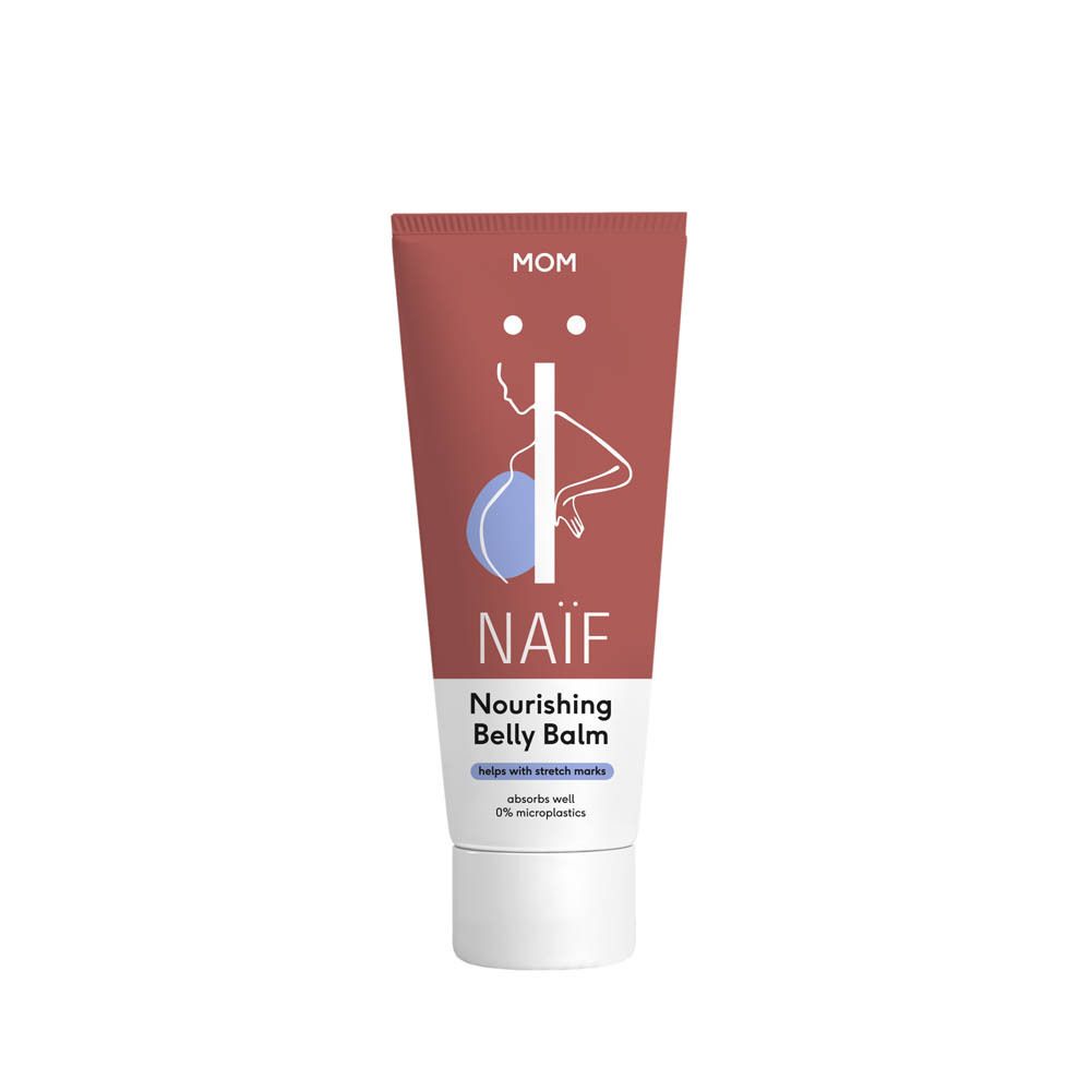 Roze tube met witte tekst. Naïf Nourishing Belly Balm. Helpt bij striae. Illustratie van een zwangere vrouw.