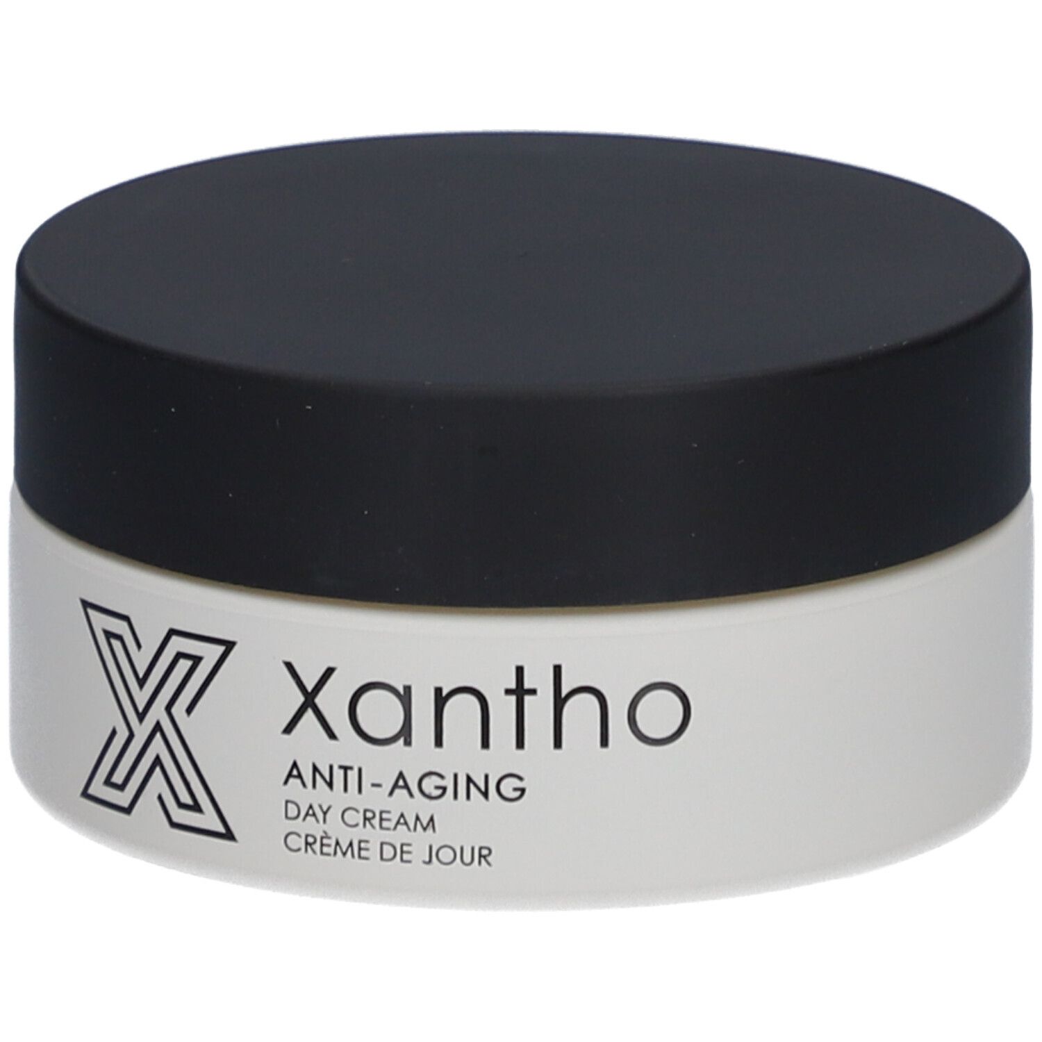 Xantho Anti-Aging Tagescreme in weißem Tiegel mit schwarzem Deckel, Logo und Text.