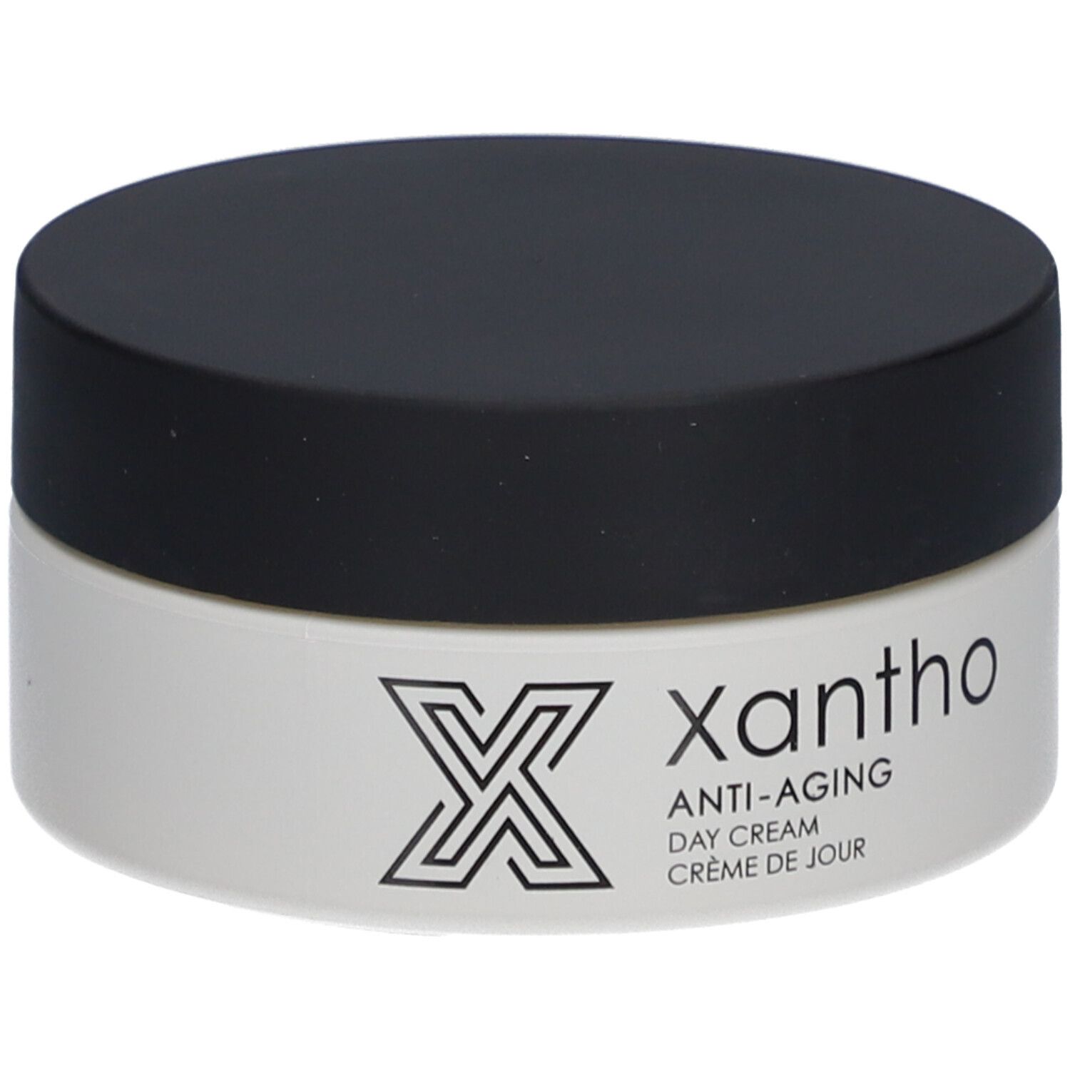 Xantho Anti-Aging Tagescreme, weißer Tiegel mit schwarzem Deckel, Logo und Produktbezeichnung.