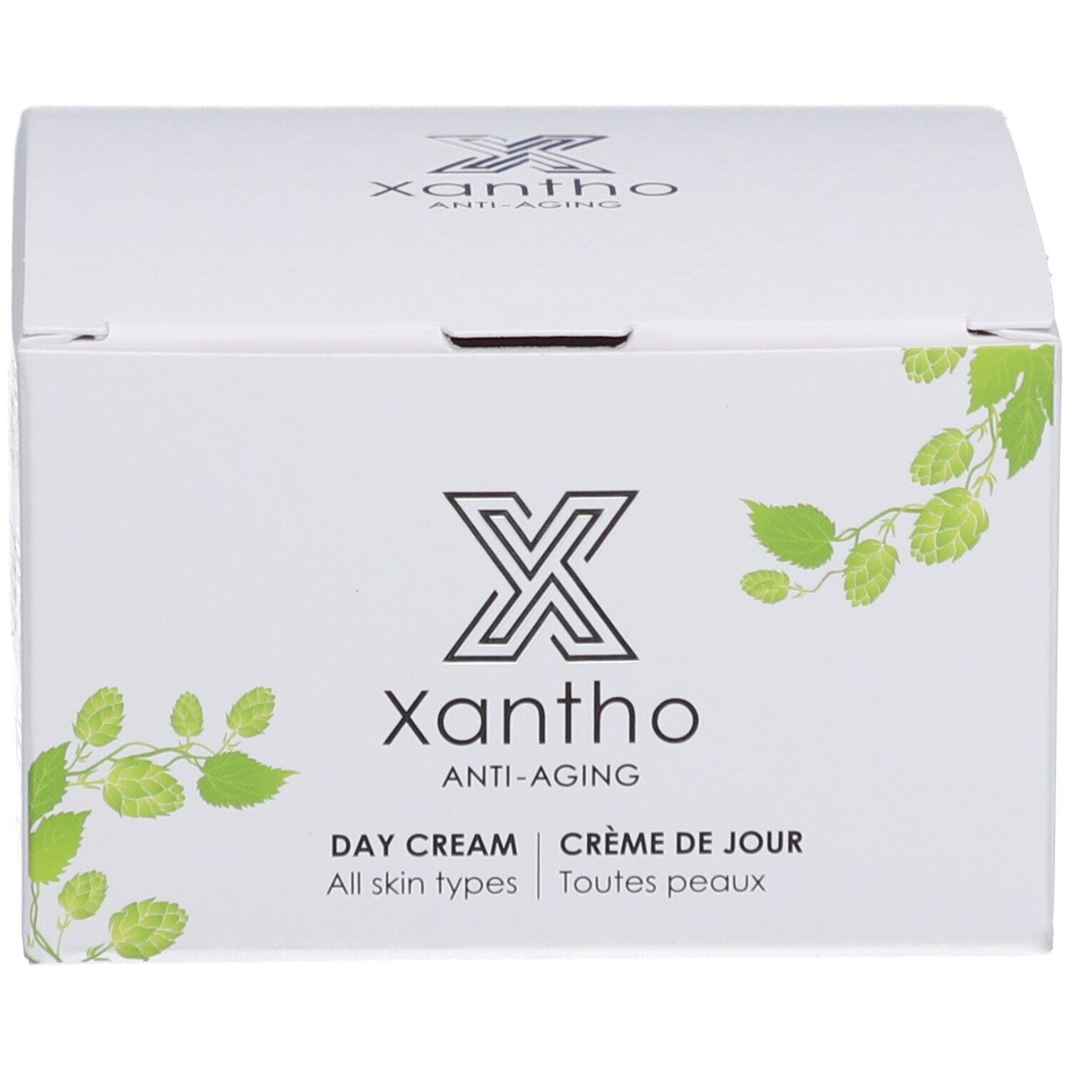 Verpackung der Xantho Anti-Aging Tagescreme, weißer Karton mit Blattdekor.