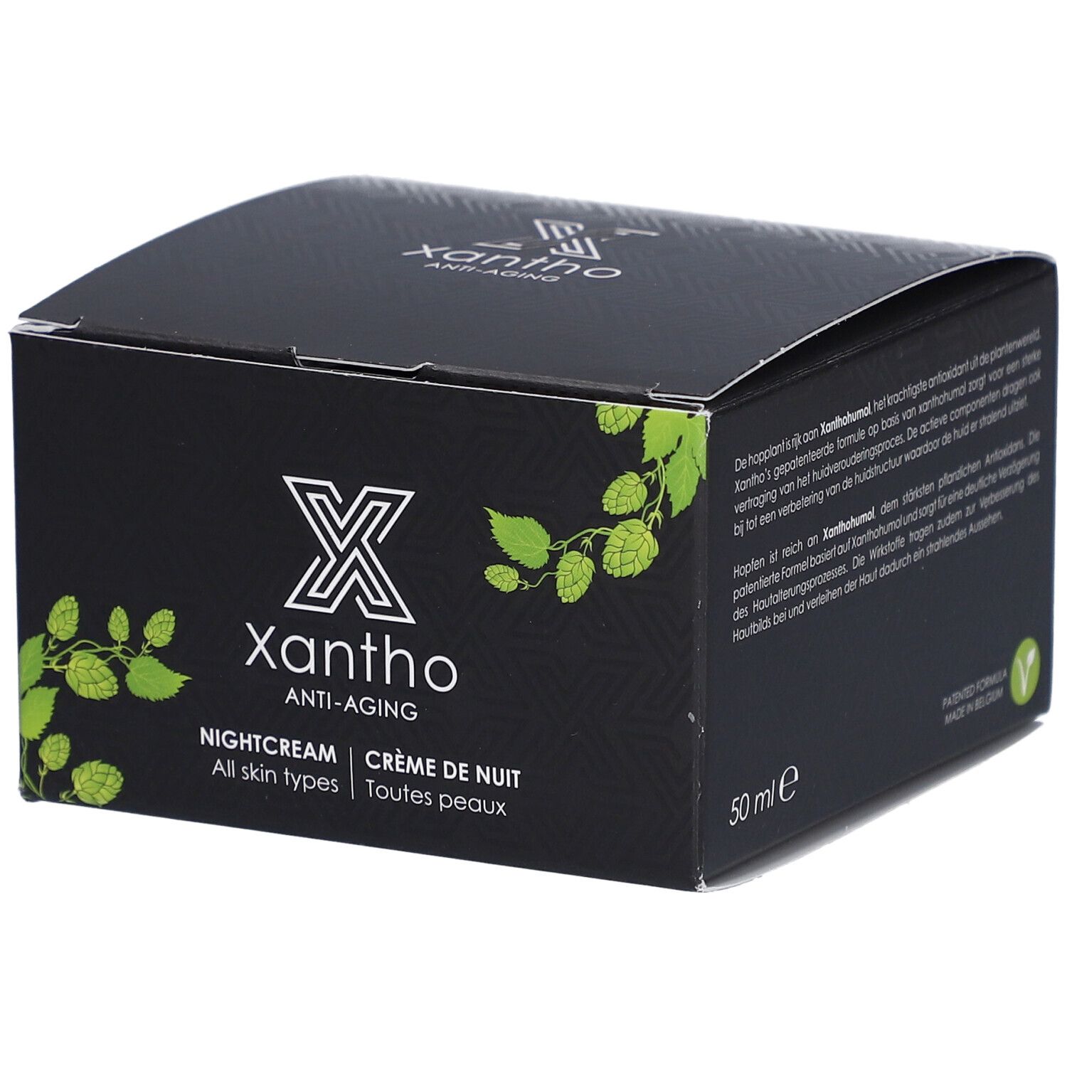 Schwarze Schachtel mit Xantho Anti-Aging. Aufschrift: Nightcream, Crème de Nuit, All skin types, Toutes peaux. 50 ml.