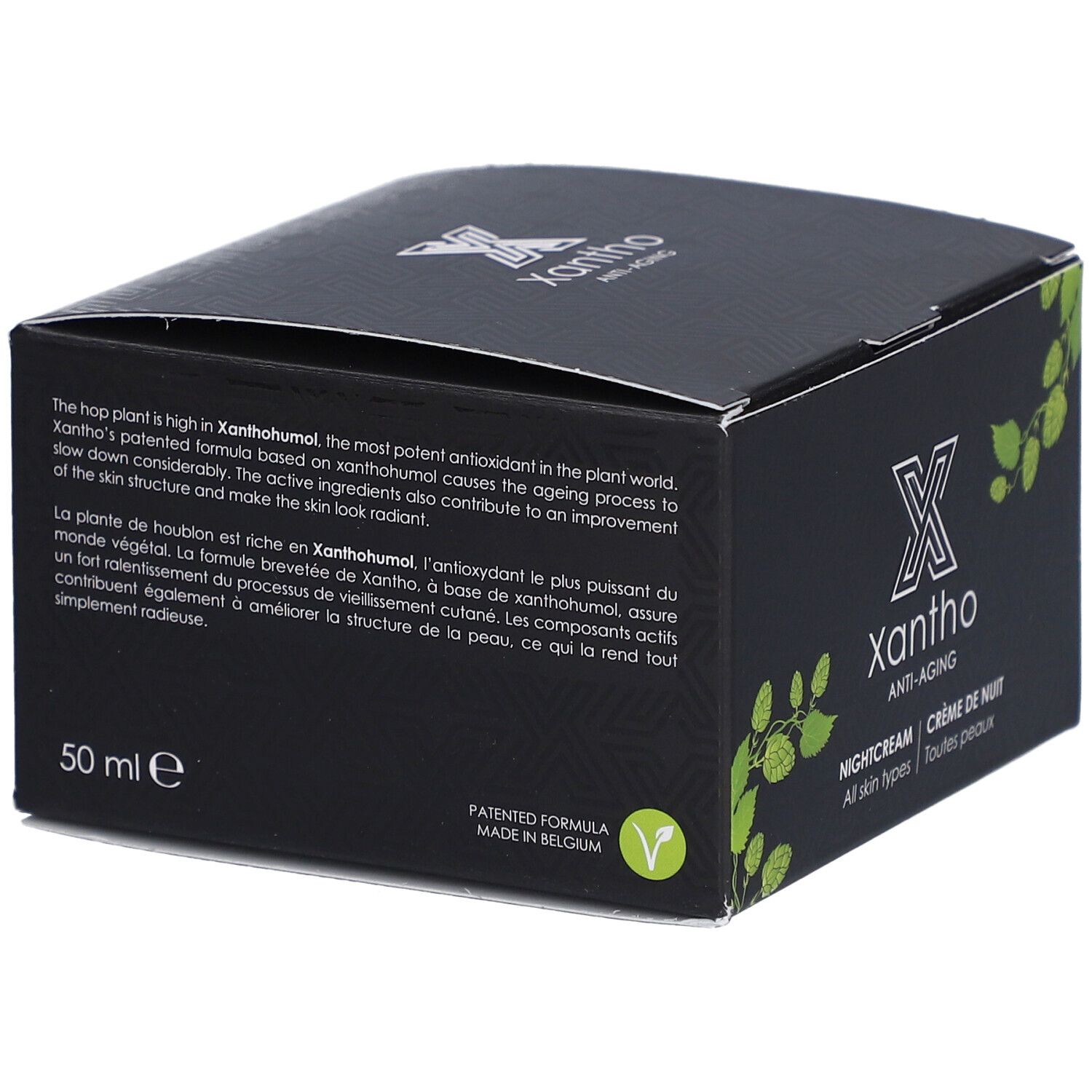 Schwarze Schachtel Xantho Anti-Aging. Text: Patented Formula, Made in Belgium. 50 ml. Enthält Text in Englisch und Französisch.